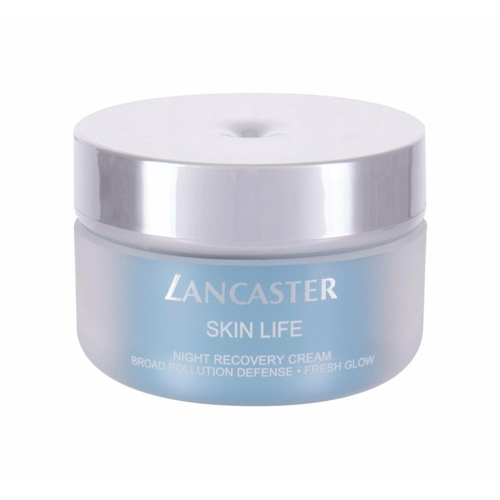 Creme-Tiegel mit silbernem Deckel. Aufschrift: Lancaster Skin Life Night Recovery Cream.