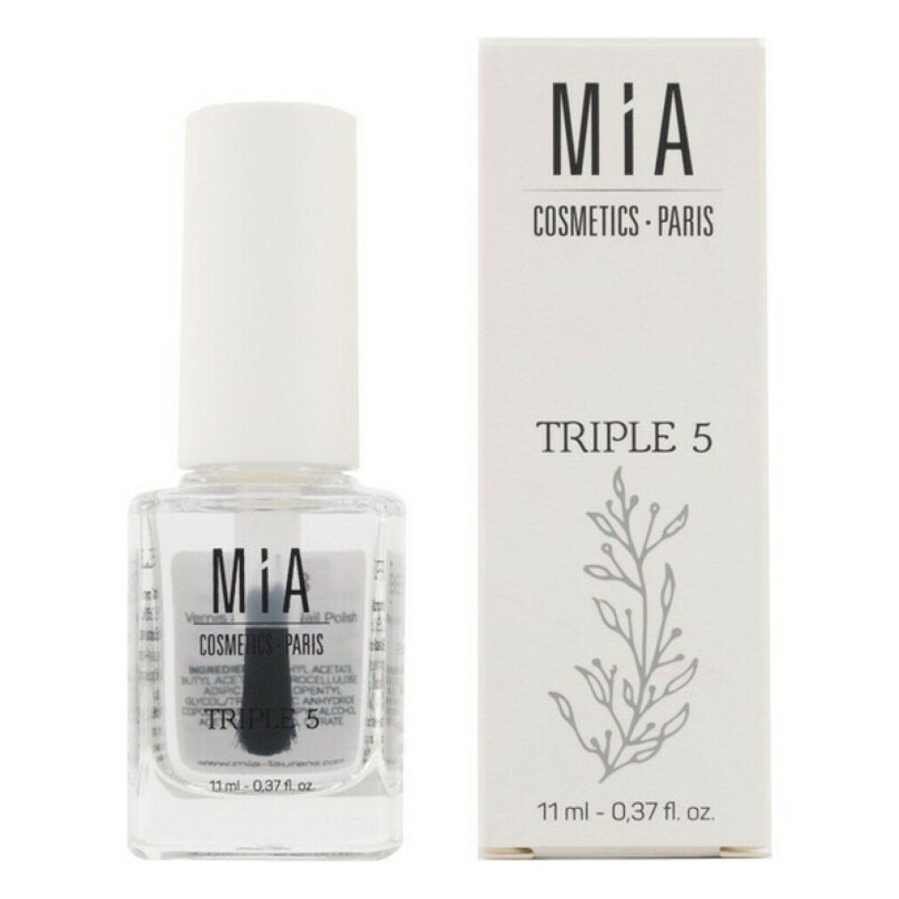 Nagellackflasche und Schachtel. Aufschrift: Mía Cosmetics Paris, Triple 5. Volumen: 11 ml. Pinsel sichtbar.