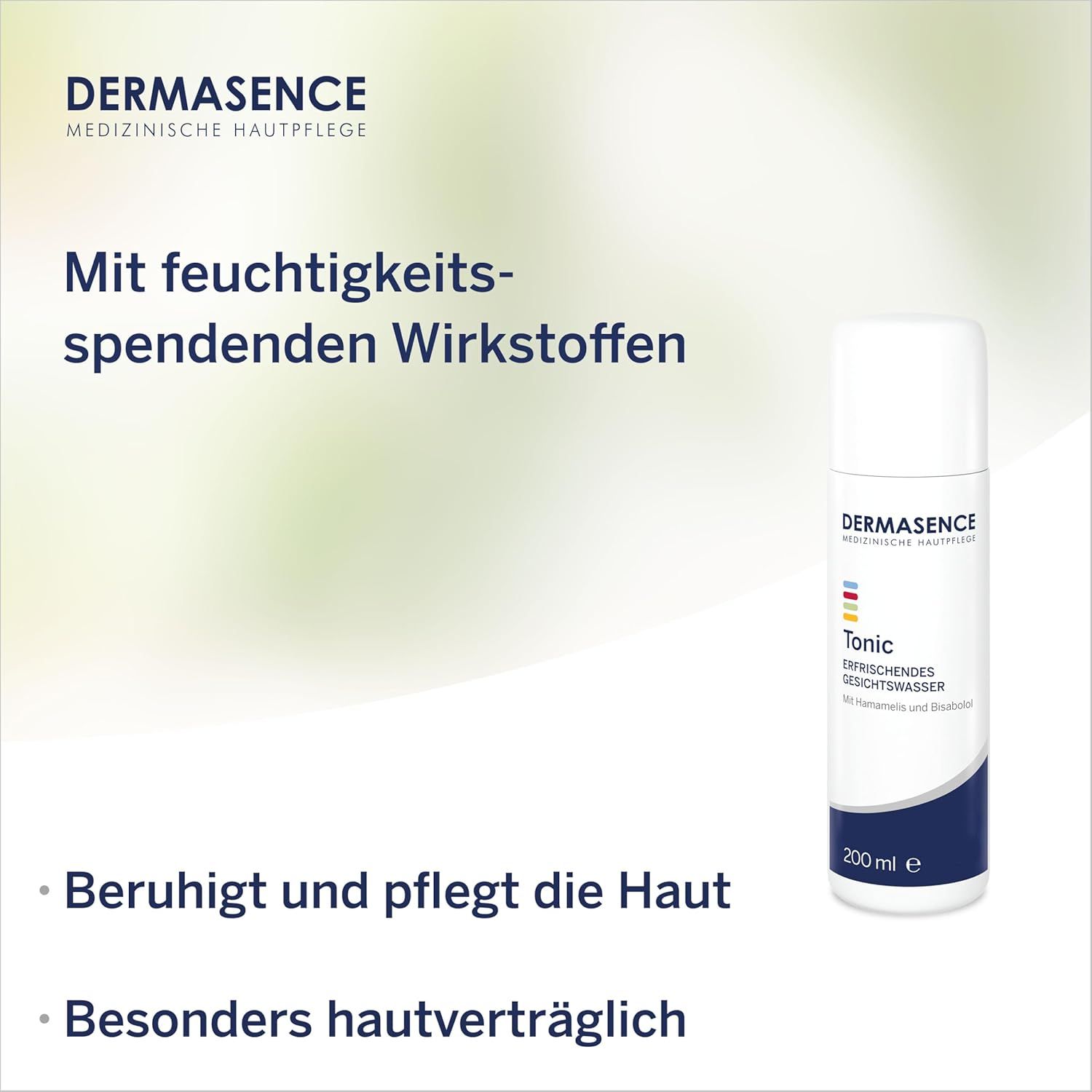 Weißes Tonic-Flakon mit blauer und farbiger Markierung. Text: DERMASENCE, Tonic erfrischendes Gesichtswasser. 200 ml. Hintergrund: Grün und weiß.