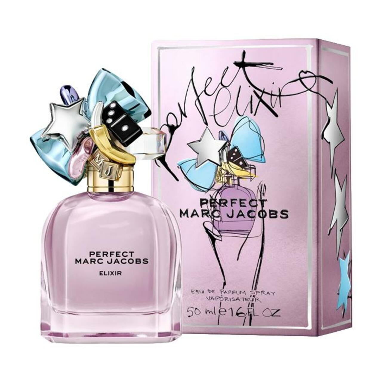 Rosa Verpackung mit Flakon und Illustration. Aufschrift: Perfect Marc Jacobs Elixir. 50 ml.