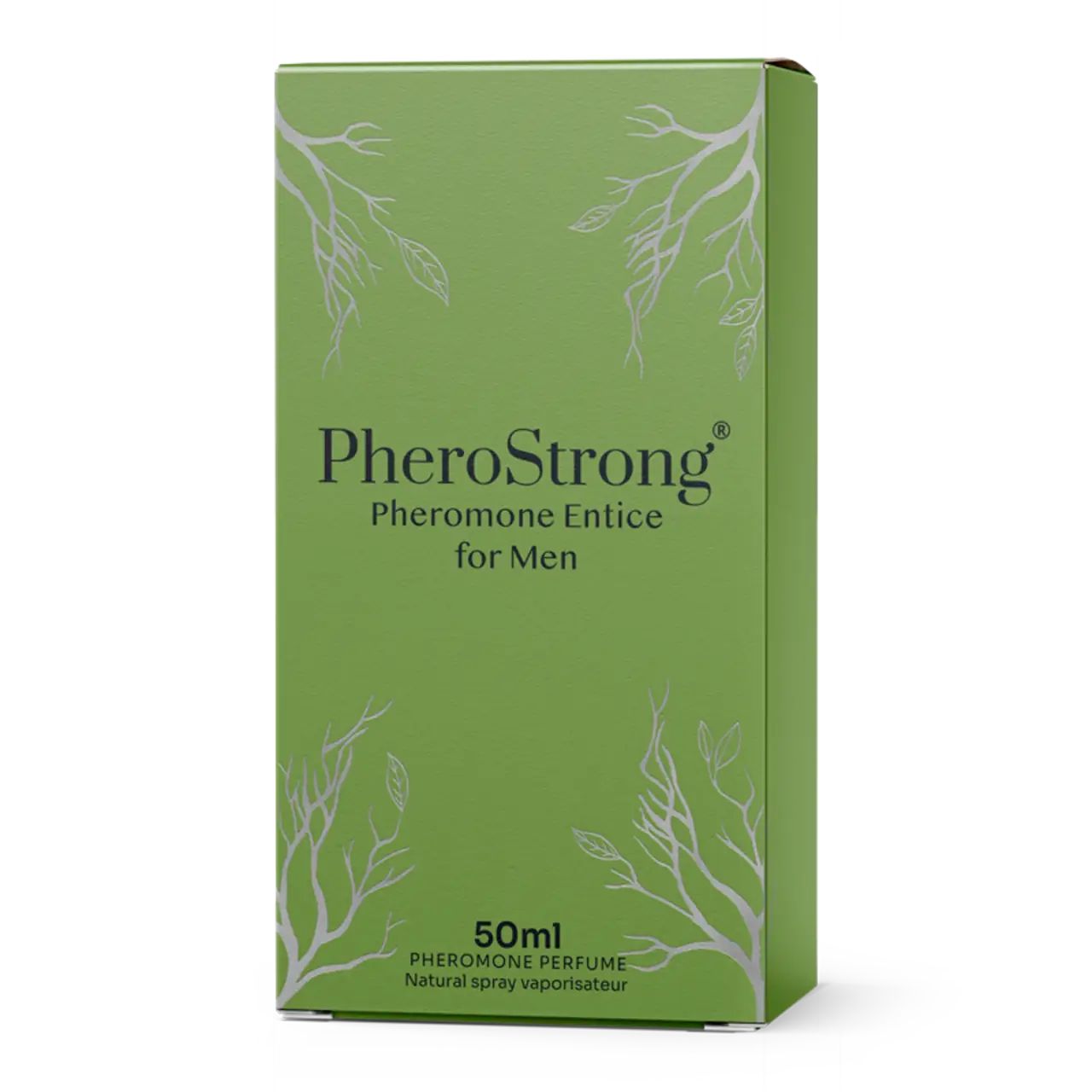 Grüne Schachtel mit Aufschrift: PheroStrong Pheromone Entice for Men. 50ml. Natürlicher Spray-Verdampfer.