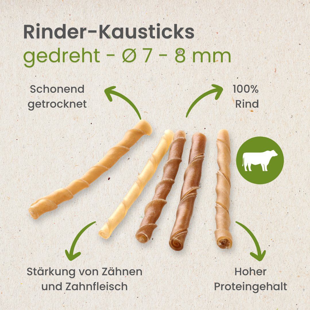 Infografik zu Rinder-Kausnacks: schonend getrocknet, 100% Rind, stärkt Zähne.