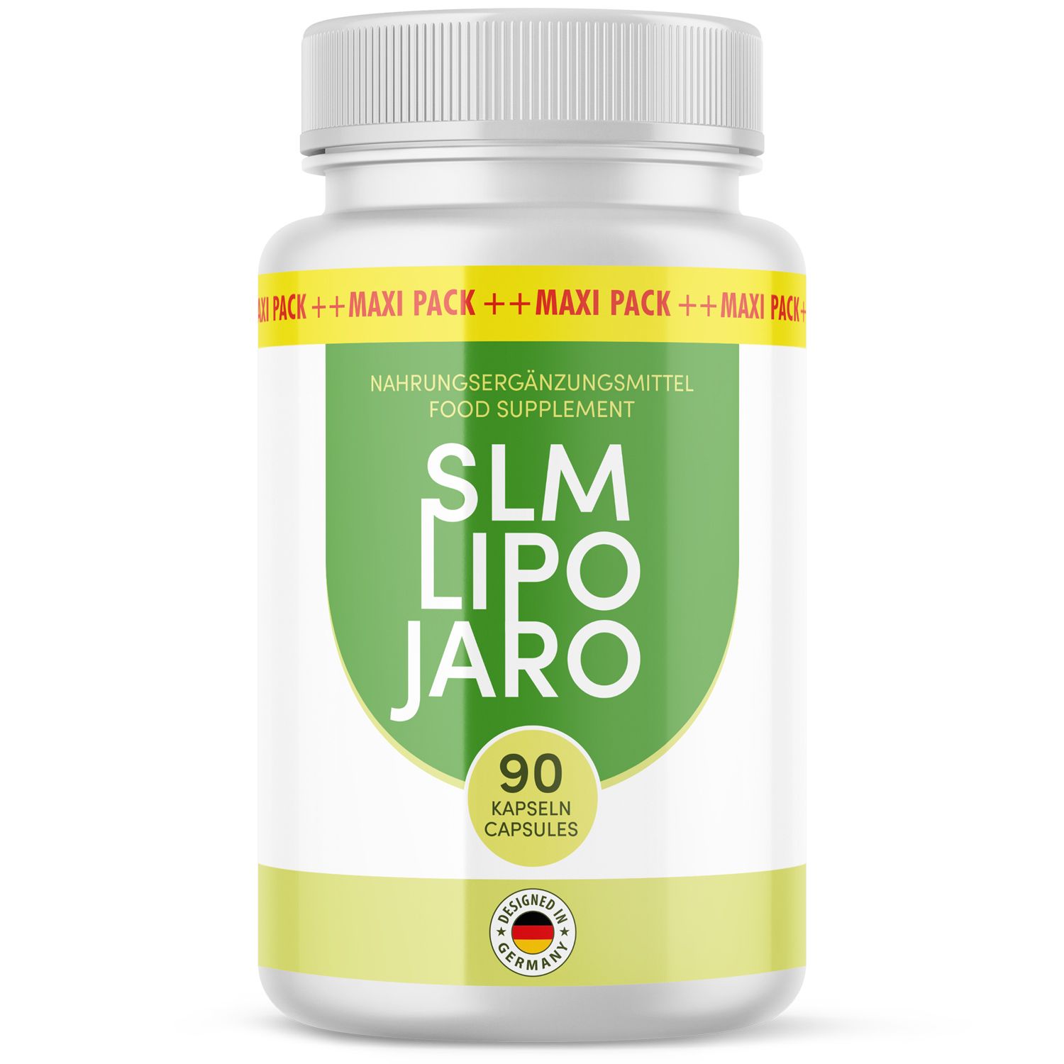 Weißes Pillenbehälter mit grünem Etikett. Aufschrift: SLM LIPO JARO, 90 Kapseln. Mit deutschem Qualitätssiegel.