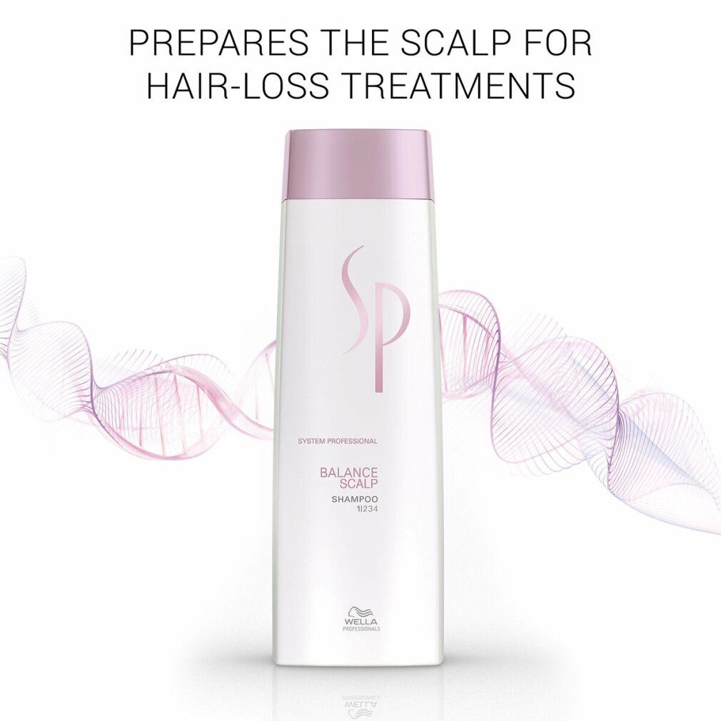 Weißes Shampoo mit rosa Deckel. Aufschrift: SP, Balance Scalp Shampoo. Marke: Wella. Text: Bereitet die Kopfhaut auf Haarausfallbehandlungen vor.