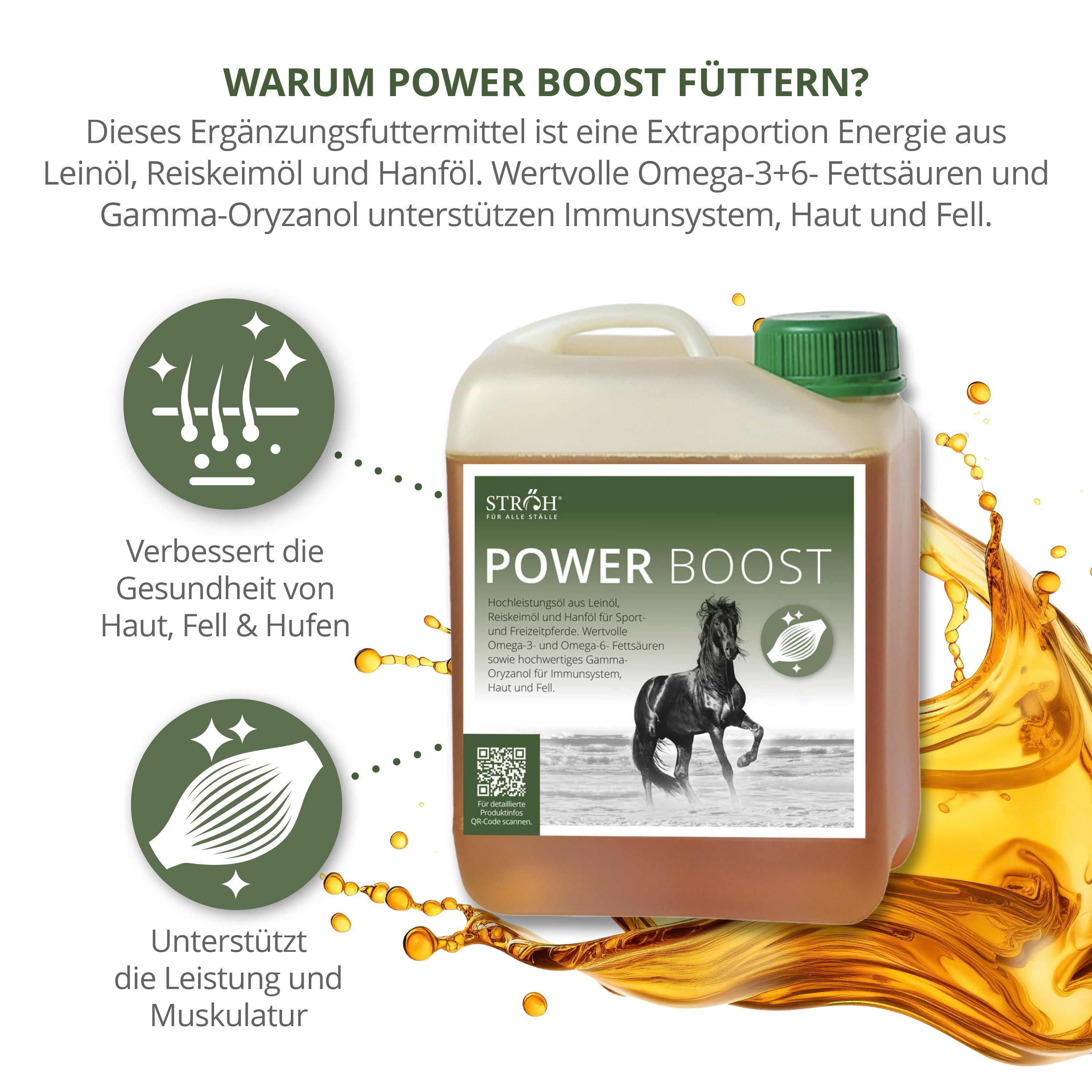 STRÖH Power Boost Kanister. Braune Flüssigkeit, grüner Deckel. Aufschrift Power Boost und ein Pferd. Mit gelbem Öl.