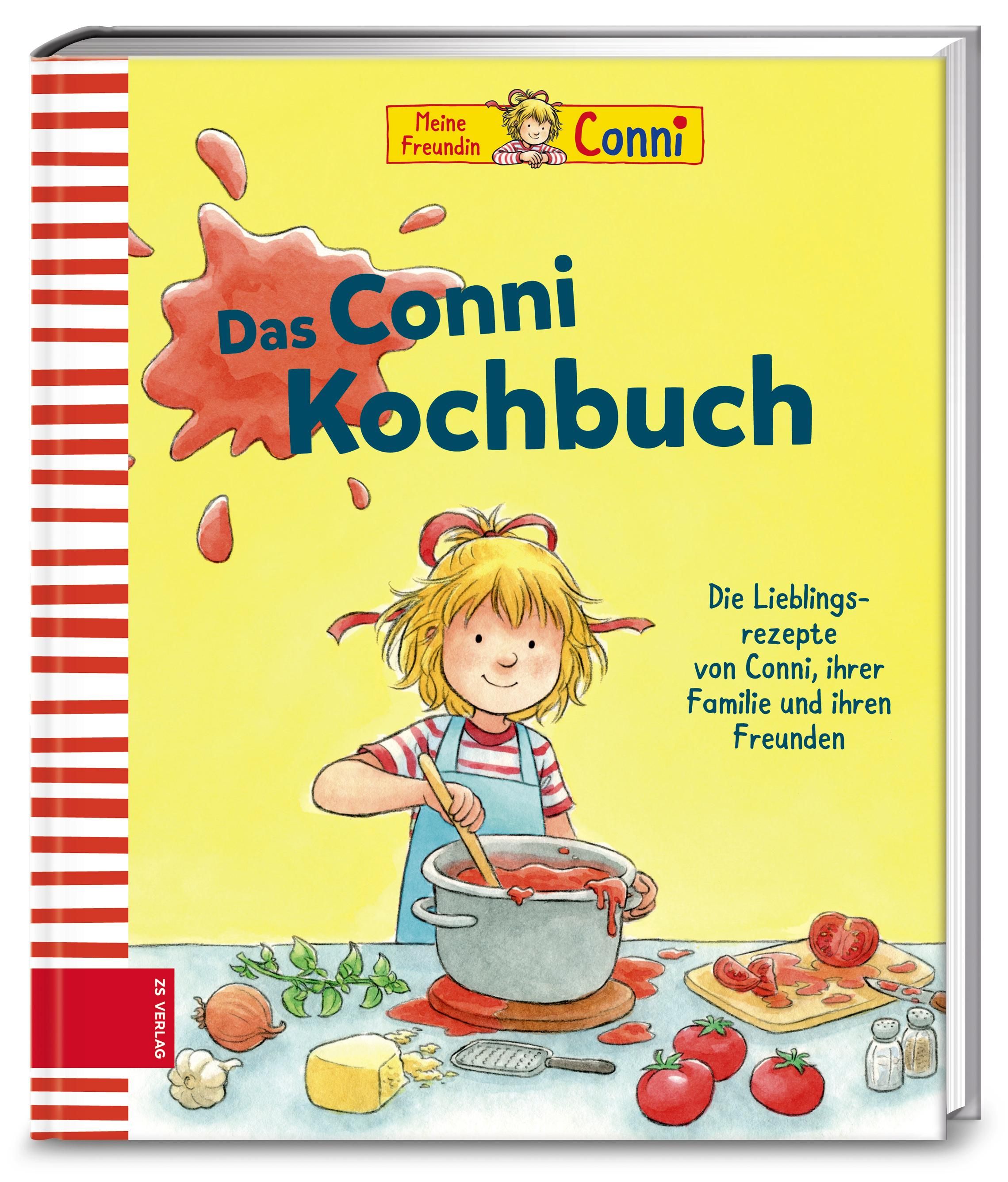Buchcover: "Das Conni Kochbuch". Conni kocht. Gelber Hintergrund, roter Farbspritzer. Titel und Illustrationen.