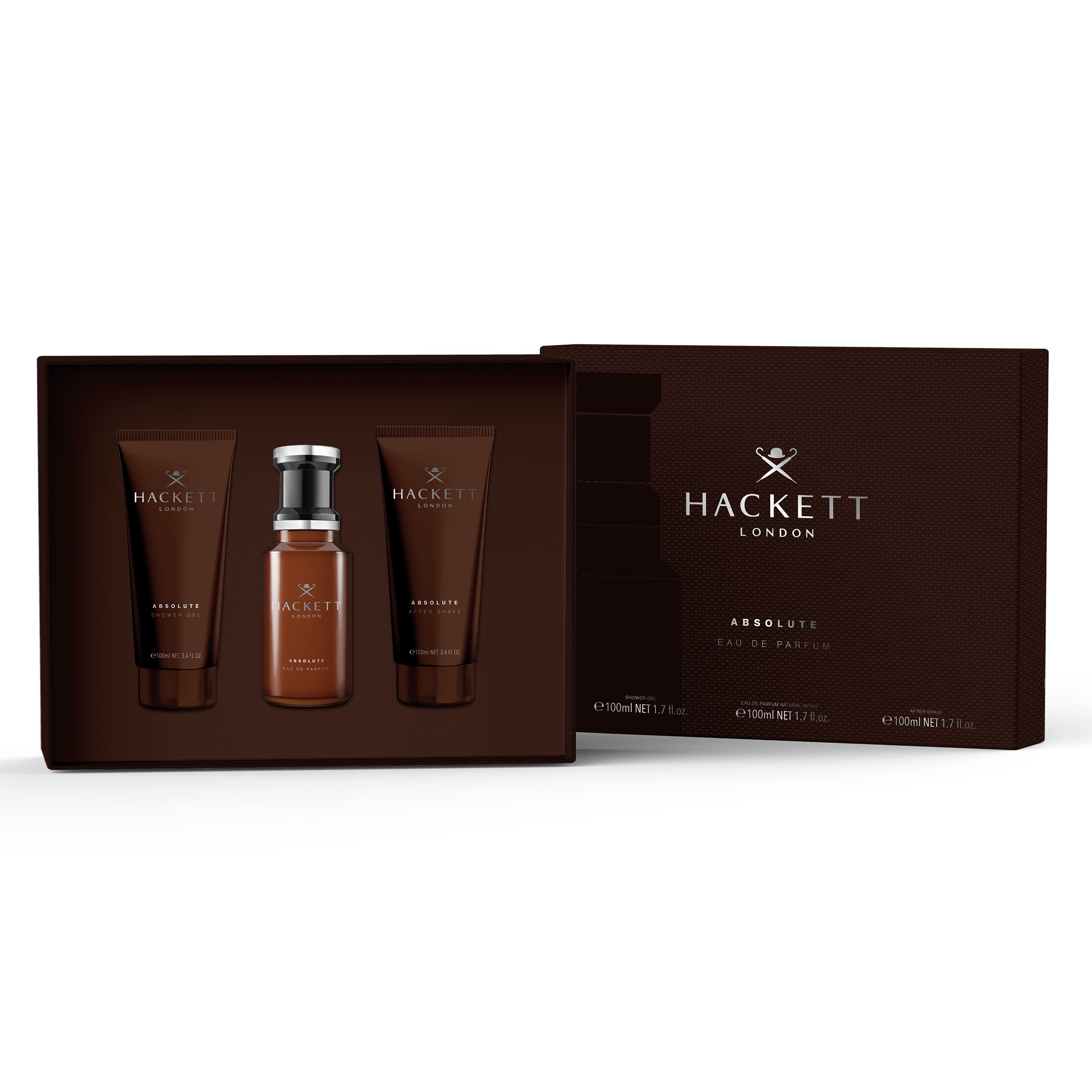 Hackett Geschenkset in brauner Schachtel. Enthält Eau de Parfum, Duschgel und After Shave. Logo und Produktnamen sichtbar.