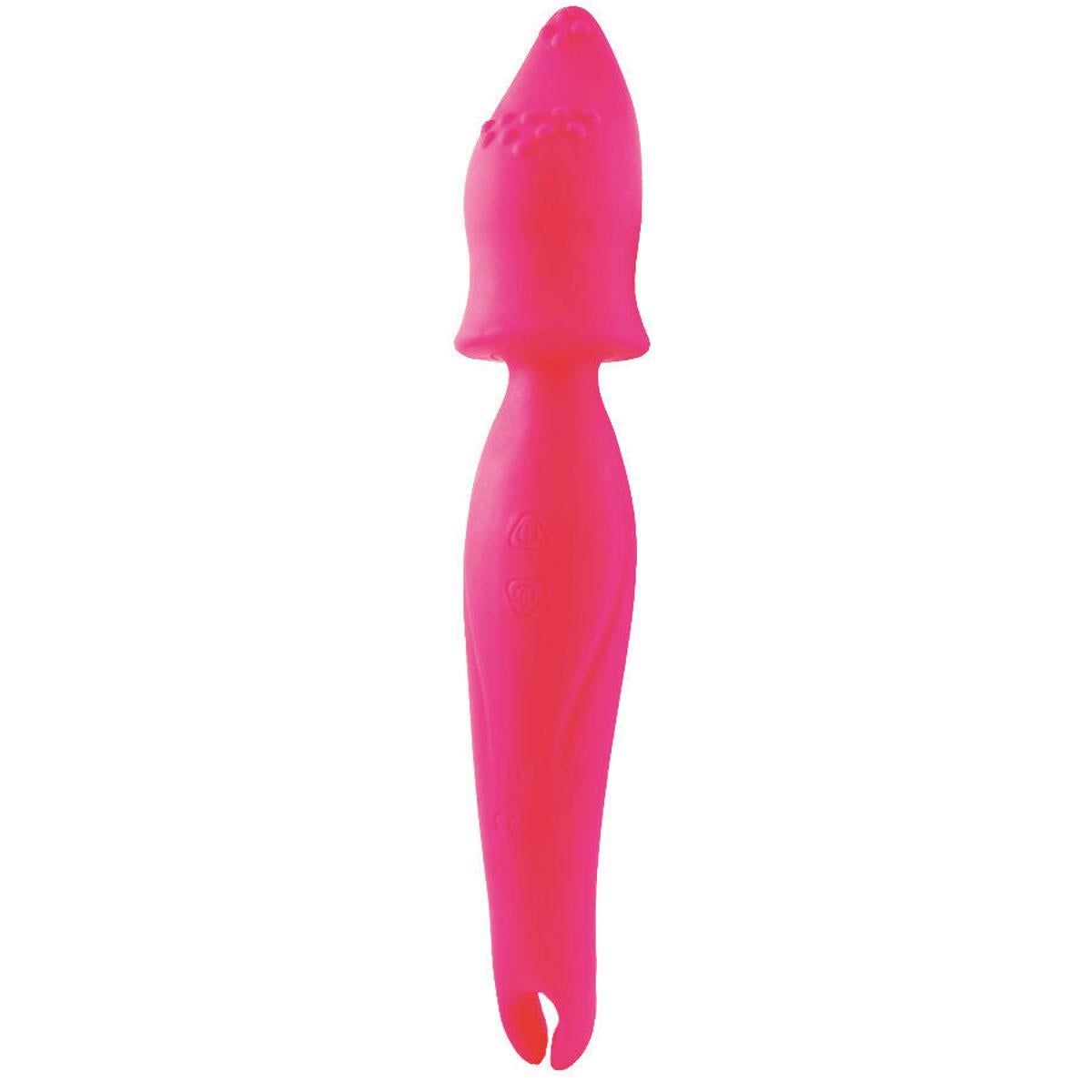 Rosa Vibrator mit abgerundeter Spitze und gebogenem Griff. Oberteil mit erhabenen Punkten. Unterteil mit gebogener Form.