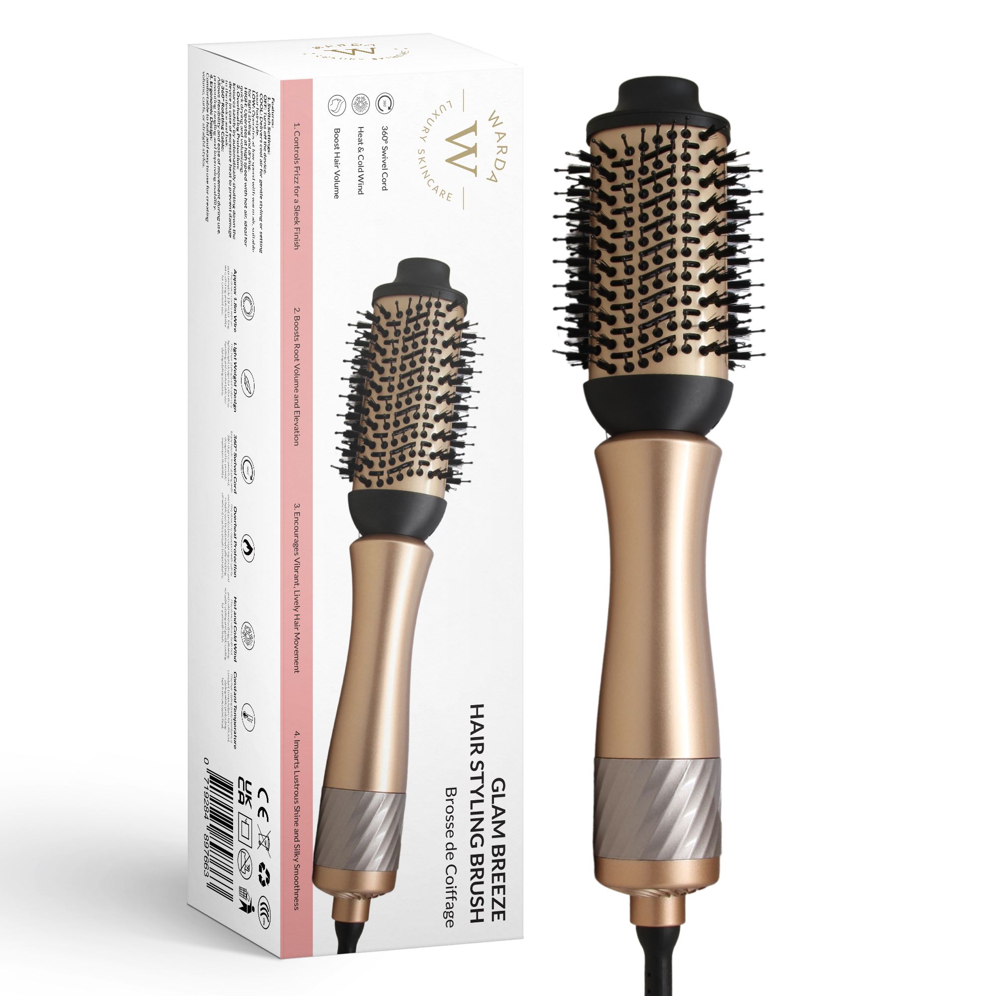Haarstylingborstel met gouden handvat en zwarte borstelkop. Verpakking met merk Warda Skincare en productnaam Glam Breeze.