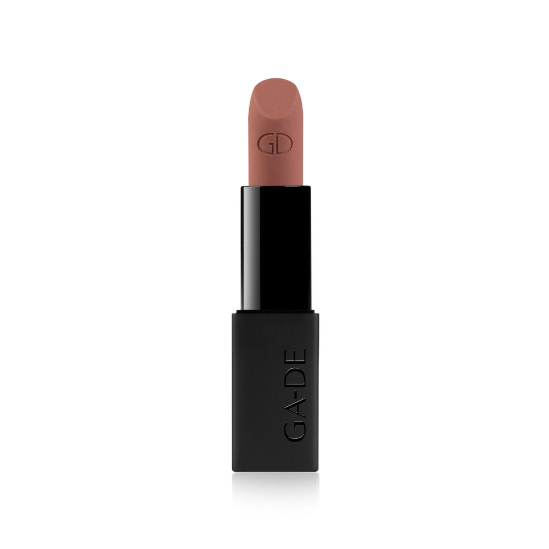 Lippenstift, hellbraun. Schwarze Hülse mit Schriftzug GA-DE. Auf dem Lippenstift ist GD eingeprägt.