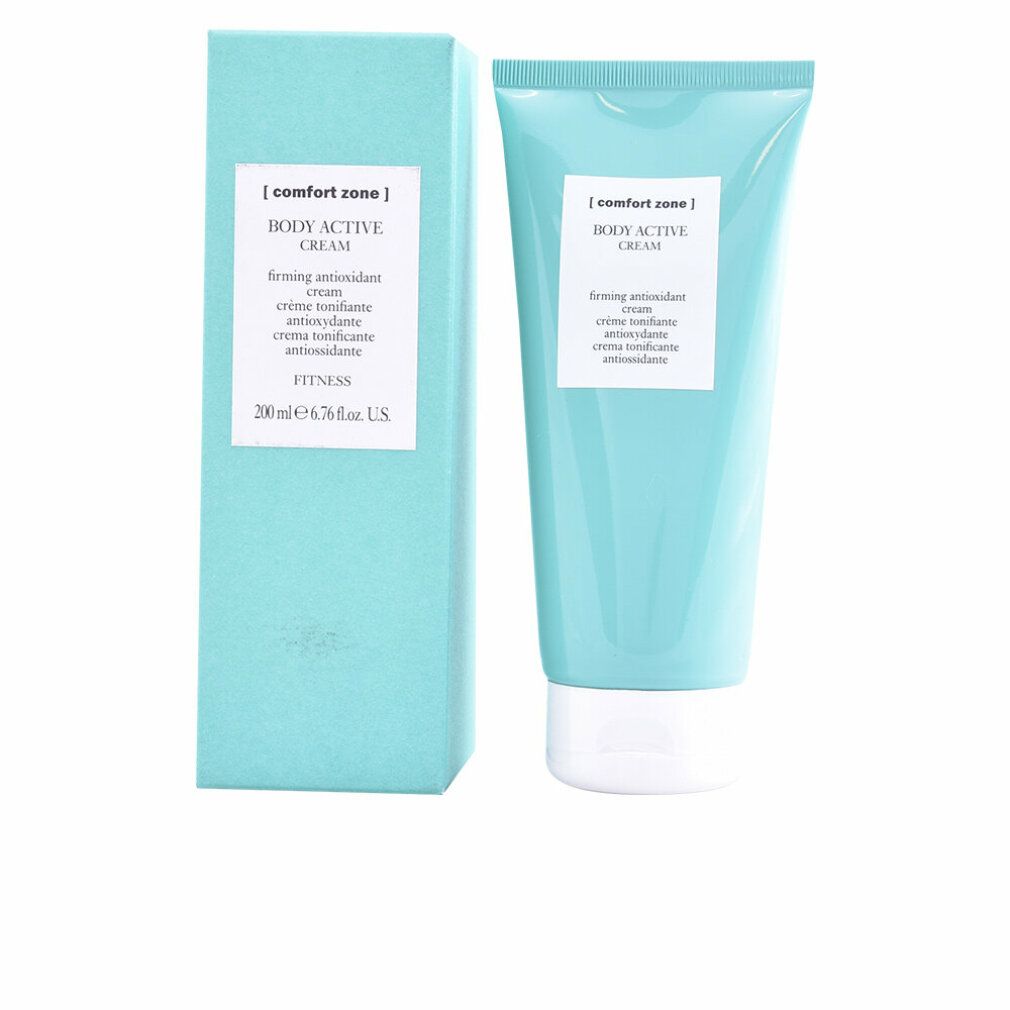 Türkisfarbene Tube und Schachtel. Aufschrift: Body Active Cream, firming antioxidant cream. Fitness.