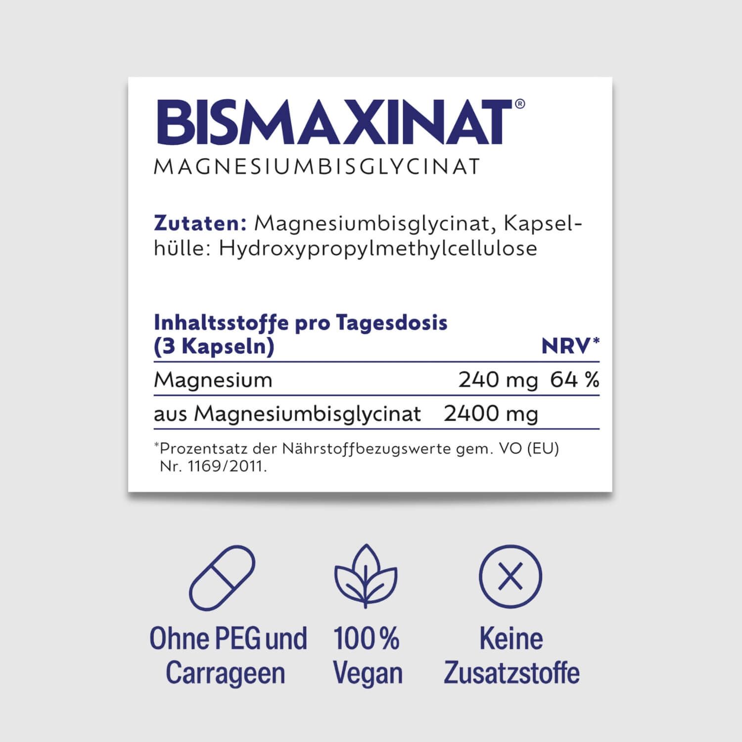 Produktinformationen. Aufschrift: BISMAXINAT Magnesiumbisglycinat. Inhaltsstoffe, Nährwertangaben, Symbole: PEG-frei, vegan, zusatzstofffrei.