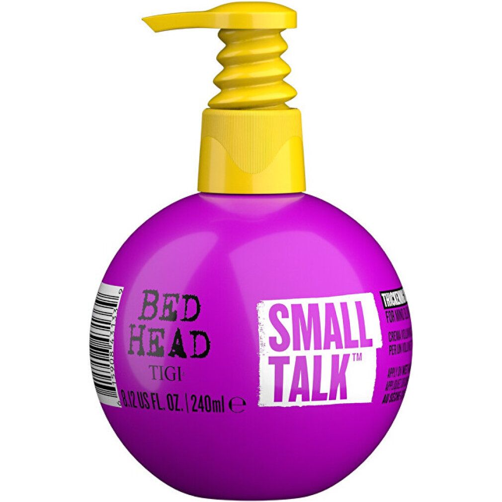 Runde, lila Flasche mit gelbem Pumpkopf. Aufschrift: BED HEAD, SMALL TALK, TIGI. Volumen: 8.12 US FL. OZ. / 240ml.