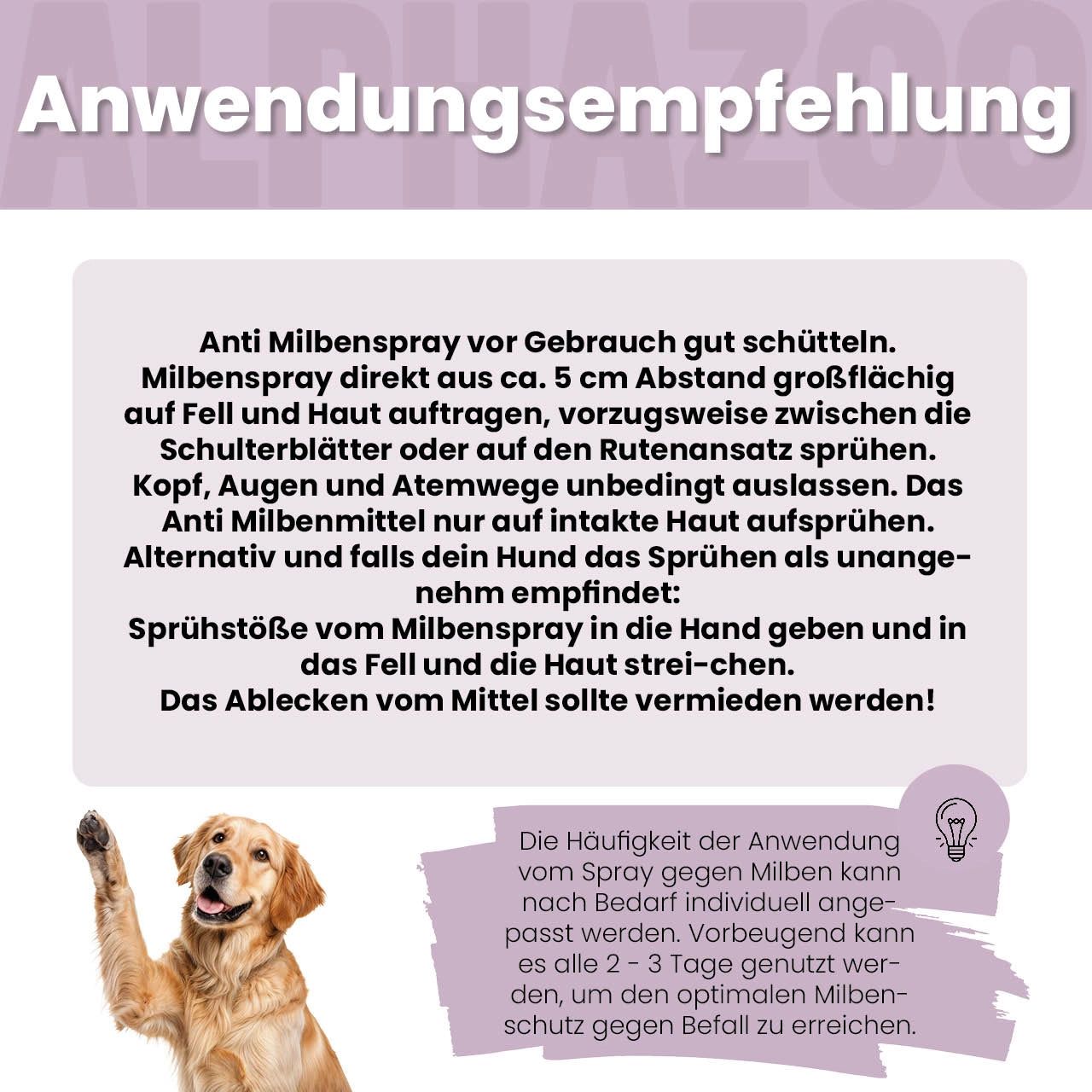 Text: Anwendungsempfehlung. Anleitung zum Sprühen auf Fell und Haut. Hinweise zur Vermeidung von Kontakt.