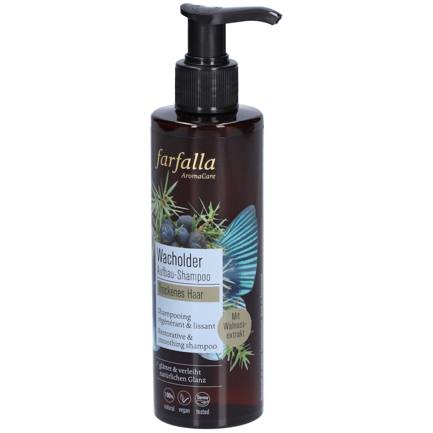Braune Flasche mit schwarzem Pumpkopf. Aufschrift: Farfalla Wacholder Aufbau-Shampoo für trockenes Haar. Mit Pflanzenabbildung.