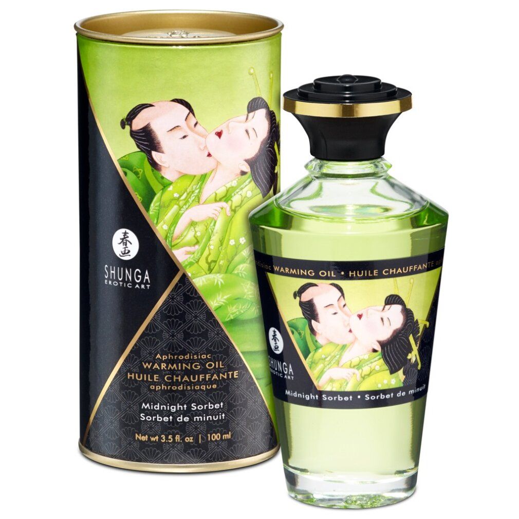 Glasflasche und Verpackung. Aufschrift: Shunga, Warming Oil, Midnight Sorbet. Abbildung eines Paares.