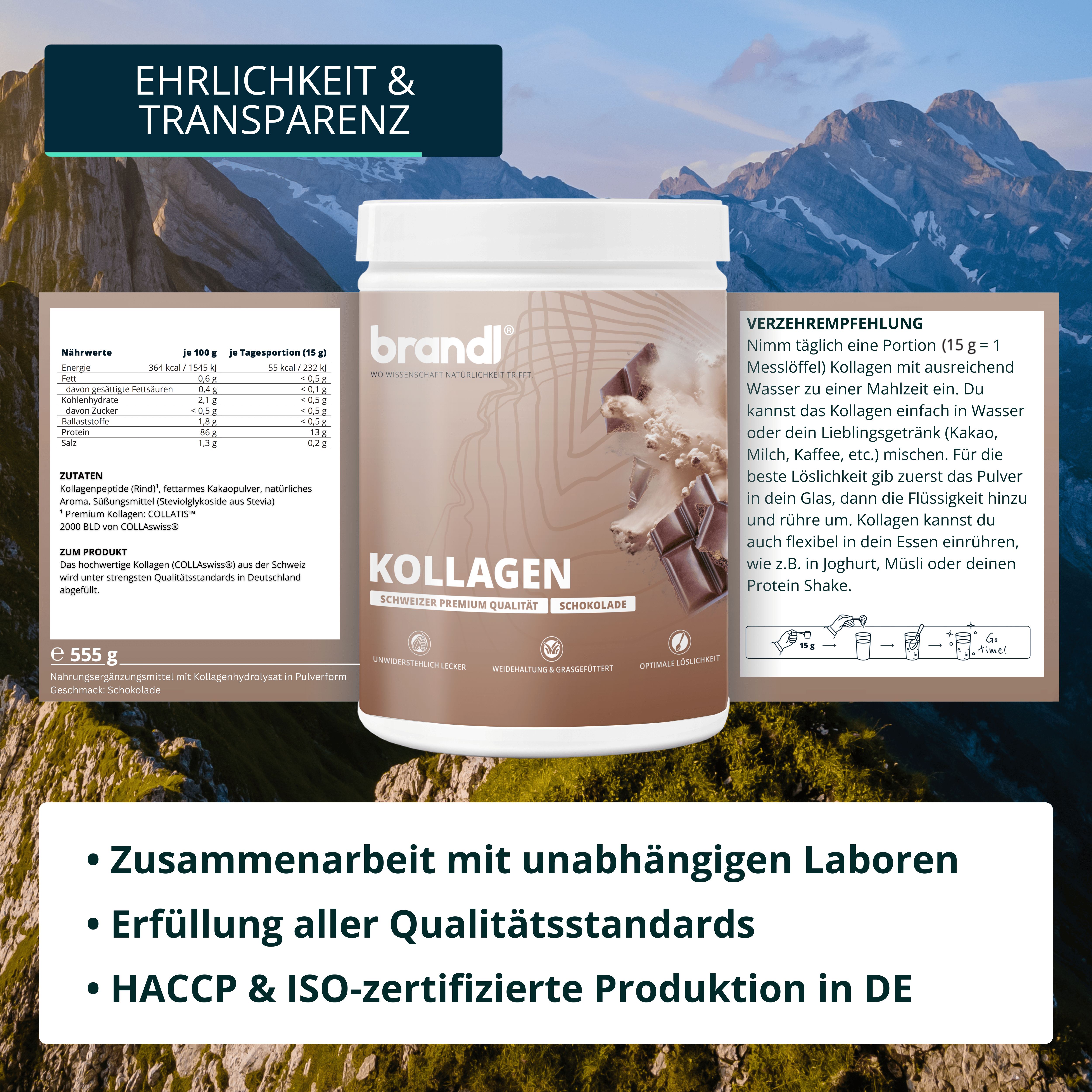 brandl® Kollagen Pulver Dose. Text: Premium Kollagen, Schokolade. Nährwertangaben. Verzehrempfehlung. ISO-zertifiziert.