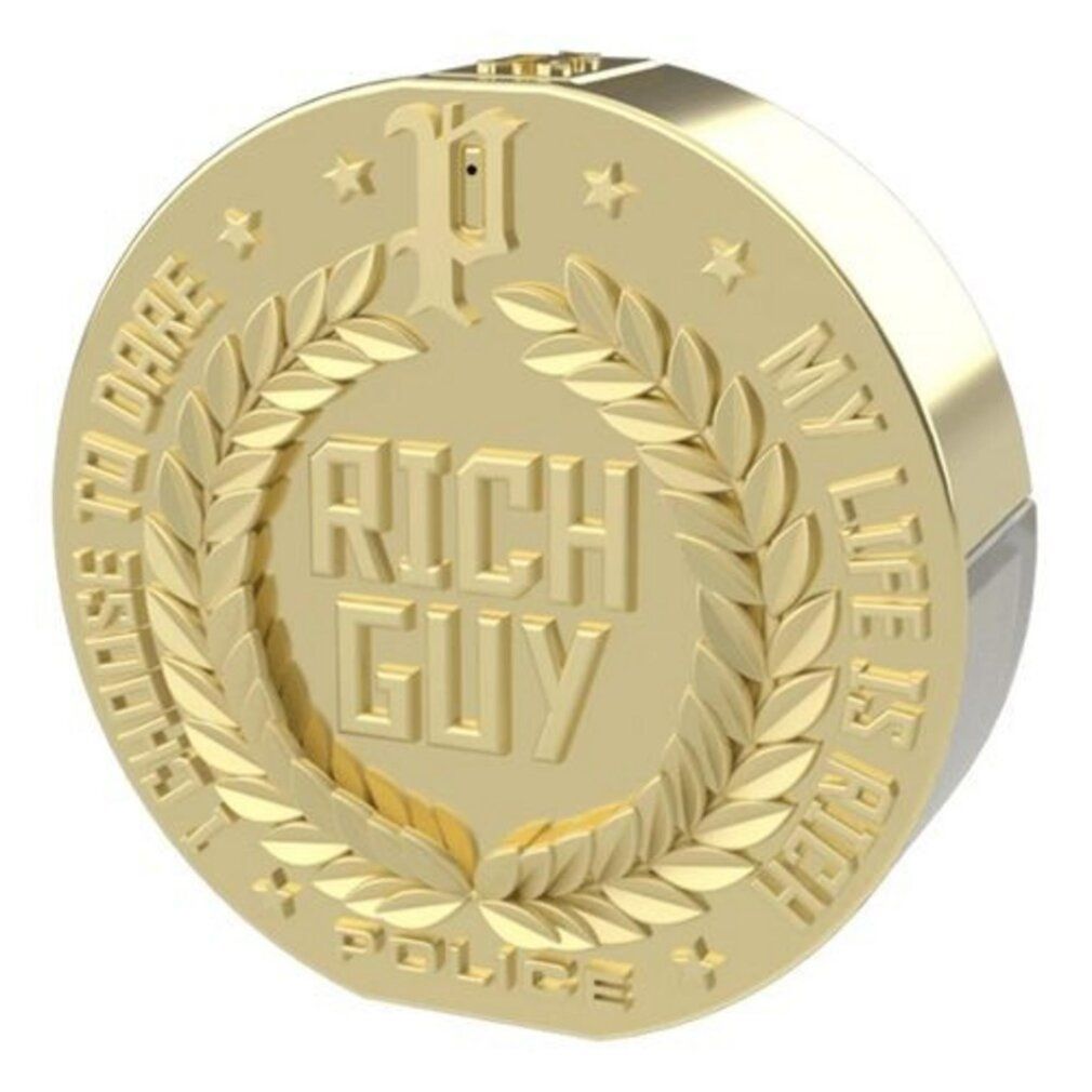 Goldfarbene runde Flasche mit Aufschrift "RICH GUY" in Lorbeerkranz. Text: "I CHOOSE TO DARE" und "MY LIFE IS RICH".