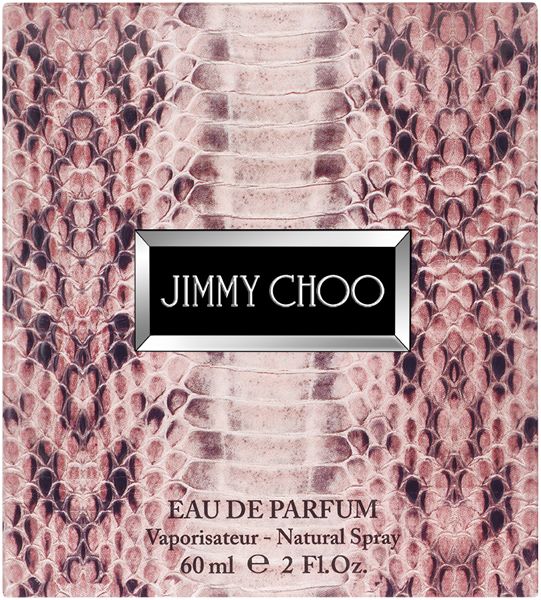 Verpackung mit Jimmy Choo-Logo und Text. Schlangenmuster-Design. Eau de Parfum, Natural Spray, 60 ml.