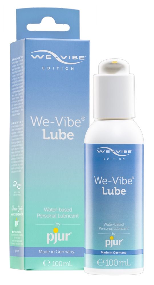 We-Vibe Lube Flasche und Verpackung. Weiß, blau. Text: We-Vibe Lube, pjur, 100ml. Made in Germany.