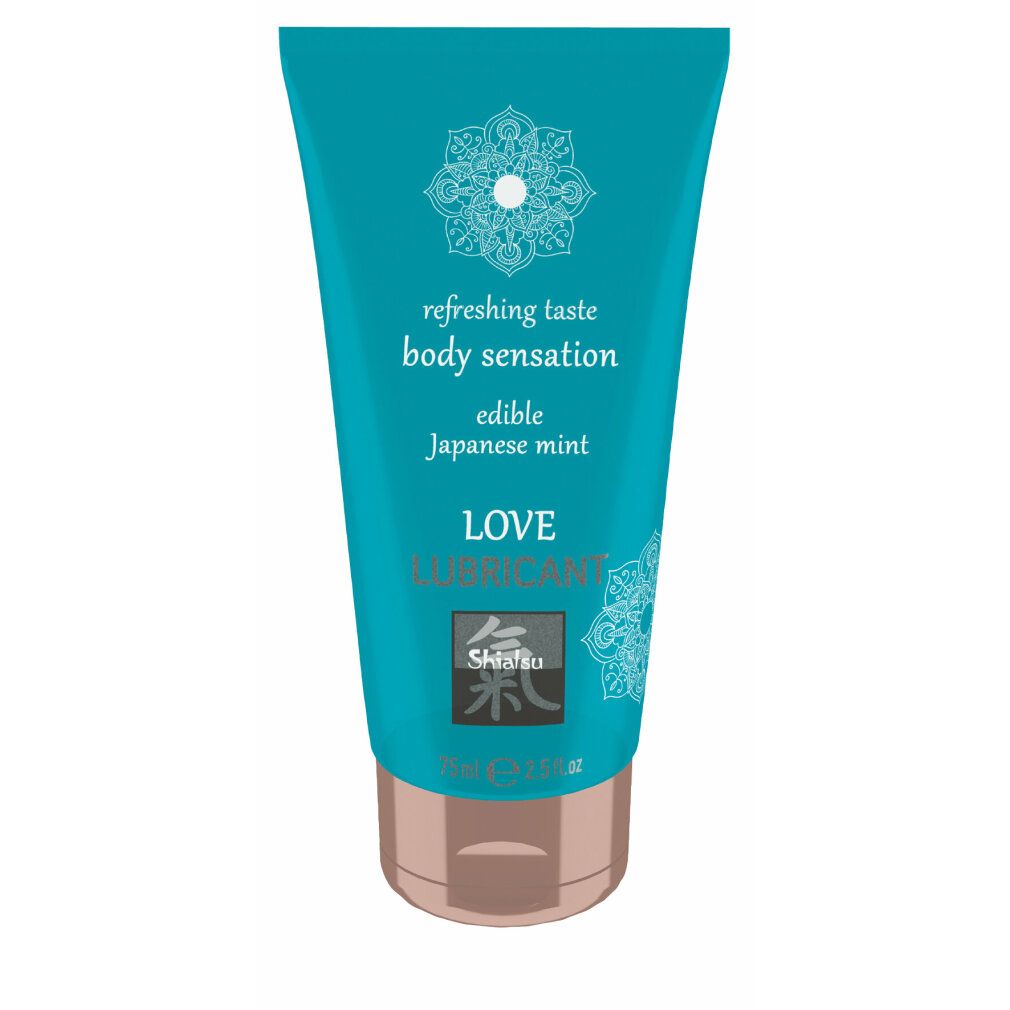 Türkisfarbene Tube mit Schriftzug "LOVE LUBRICANT". Text: "refreshing taste body sensation edible Japanese mint". Marke Shiatsu.