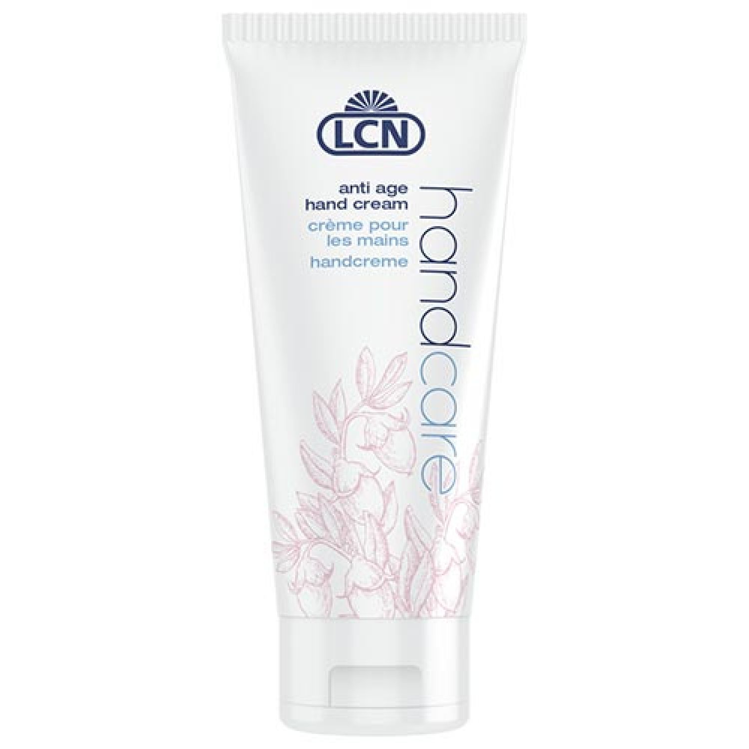 Weiße Tube mit LCN-Logo und Aufschrift "anti age hand cream". Rosa Blütenmuster. Produktname "handcare".