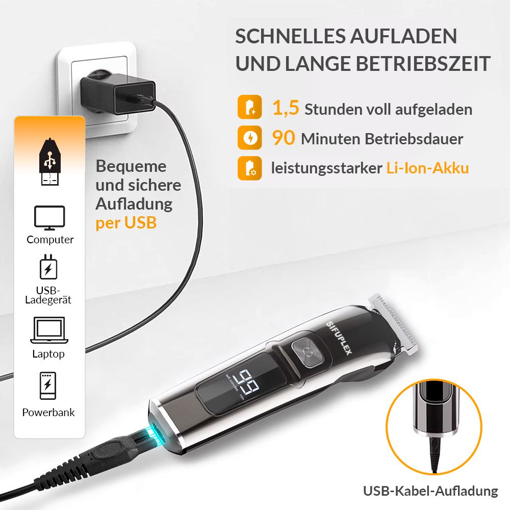Trimmer mit USB-Kabel zum Aufladen. Zeigt Ladezustand an. Beschriftung: SIFUPLEX.
