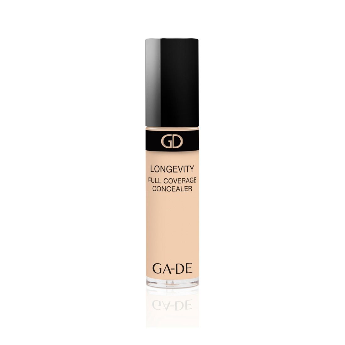 Ga-De Longevity Full Coverage Concealer. Beige Tube mit schwarzem Deckel. Schriftzug: GD, Longevity, Full Coverage Concealer, GA-DE.