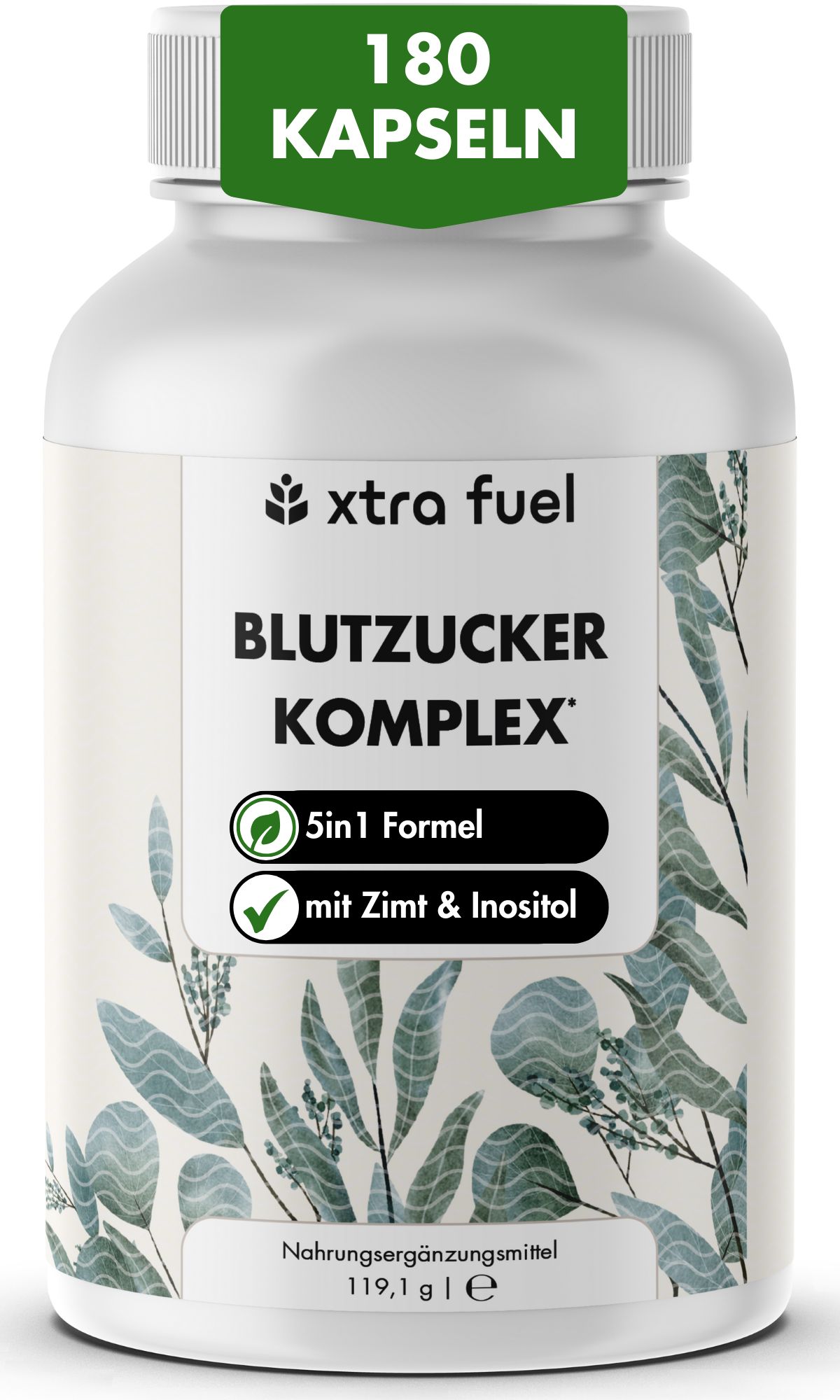 Weiße Flasche mit Kapseln. Aufschrift: XTRA FUEL Blutzucker Komplex. 180 Kapseln. Mit Zimt & Inositol. Grün-weiße Etikettengestaltung.