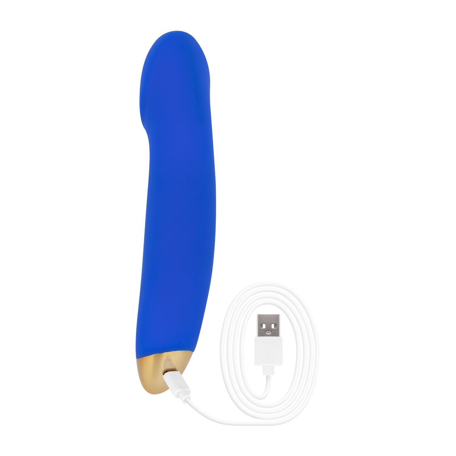 Blauer Vibrator mit Ladekabel. Goldfarbener Abschluss. Auf weißem Hintergrund.