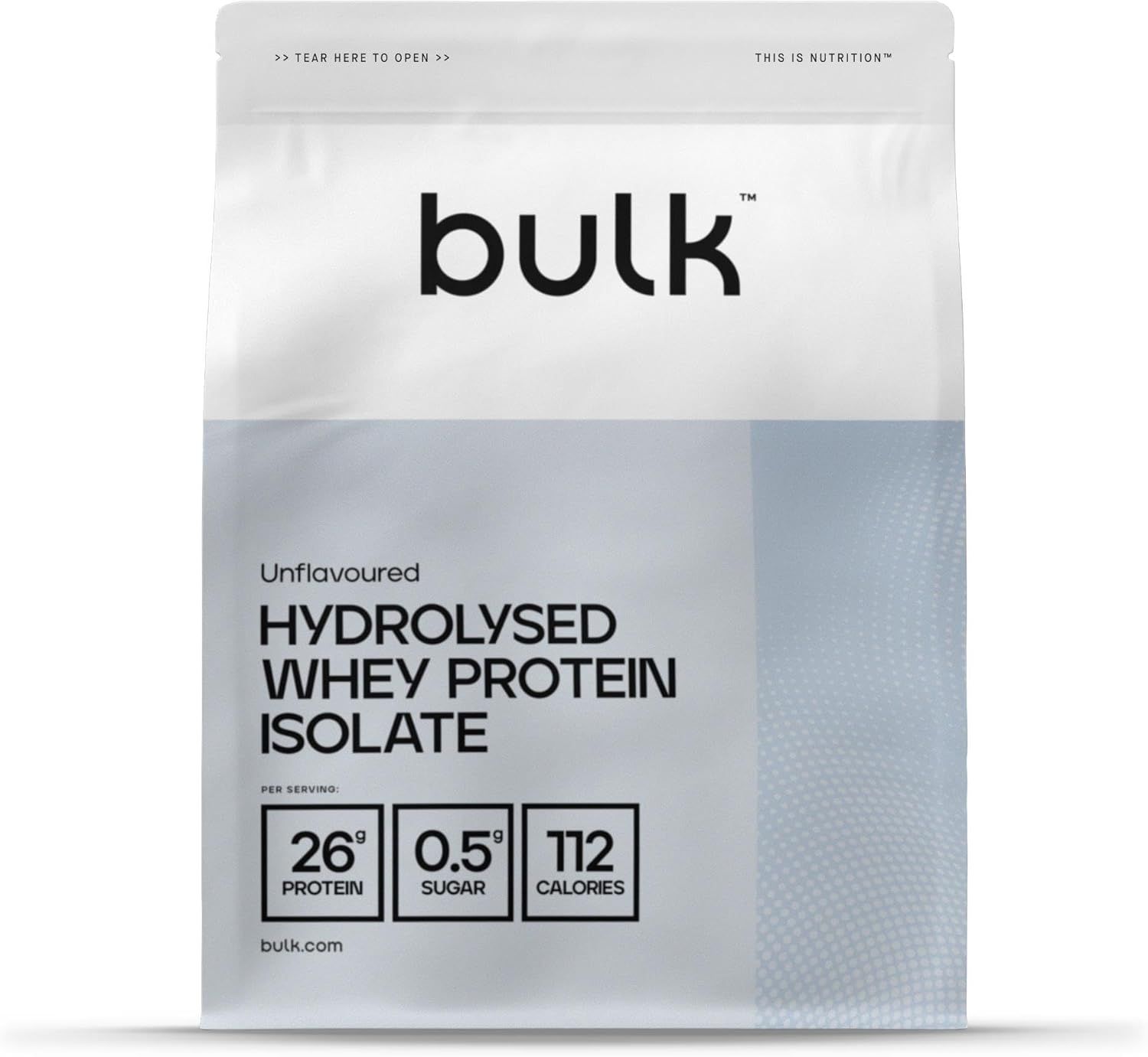Weiße Verpackung mit "bulk"-Logo. Text: "Unflavoured Hydrolysed Whey Protein Isolate". Angaben zu Protein, Zucker und Kalorien.