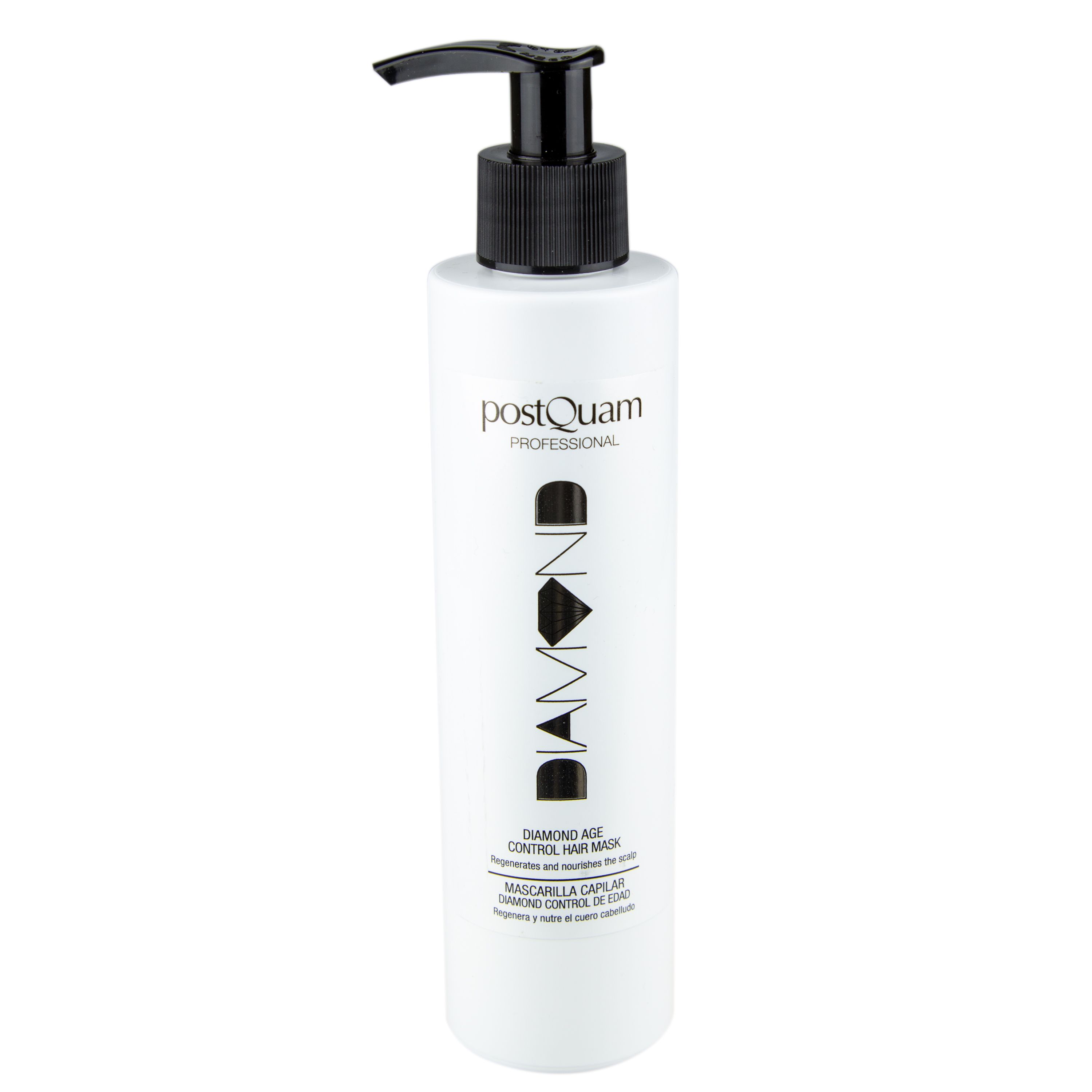 Weiße Flasche mit schwarzem Pumpkopf. Aufschrift DIAMOND und Postquam Professional. Text: DIAMOND AGE CONTROL HAIR MASK.