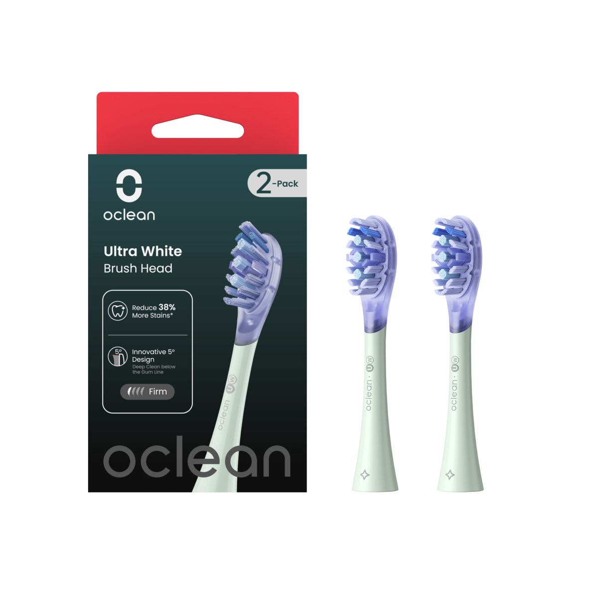 Oclean Ultra White Bürstenkopf, 2er Pack. Grün-weiße Zahnbürstenköpfe mit lila Borsten. Verpackung mit Produktnamen und Logo.