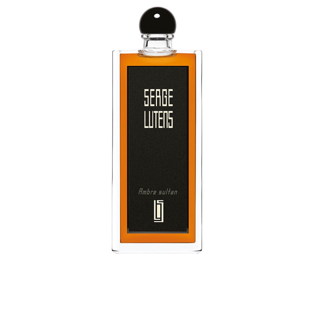 Rechteckiger Flakon mit schwarzem Etikett. Auf dem Etikett steht "SERGE LUTENS Ambre sultan". Der Flakon hat einen schwarzen Deckel.