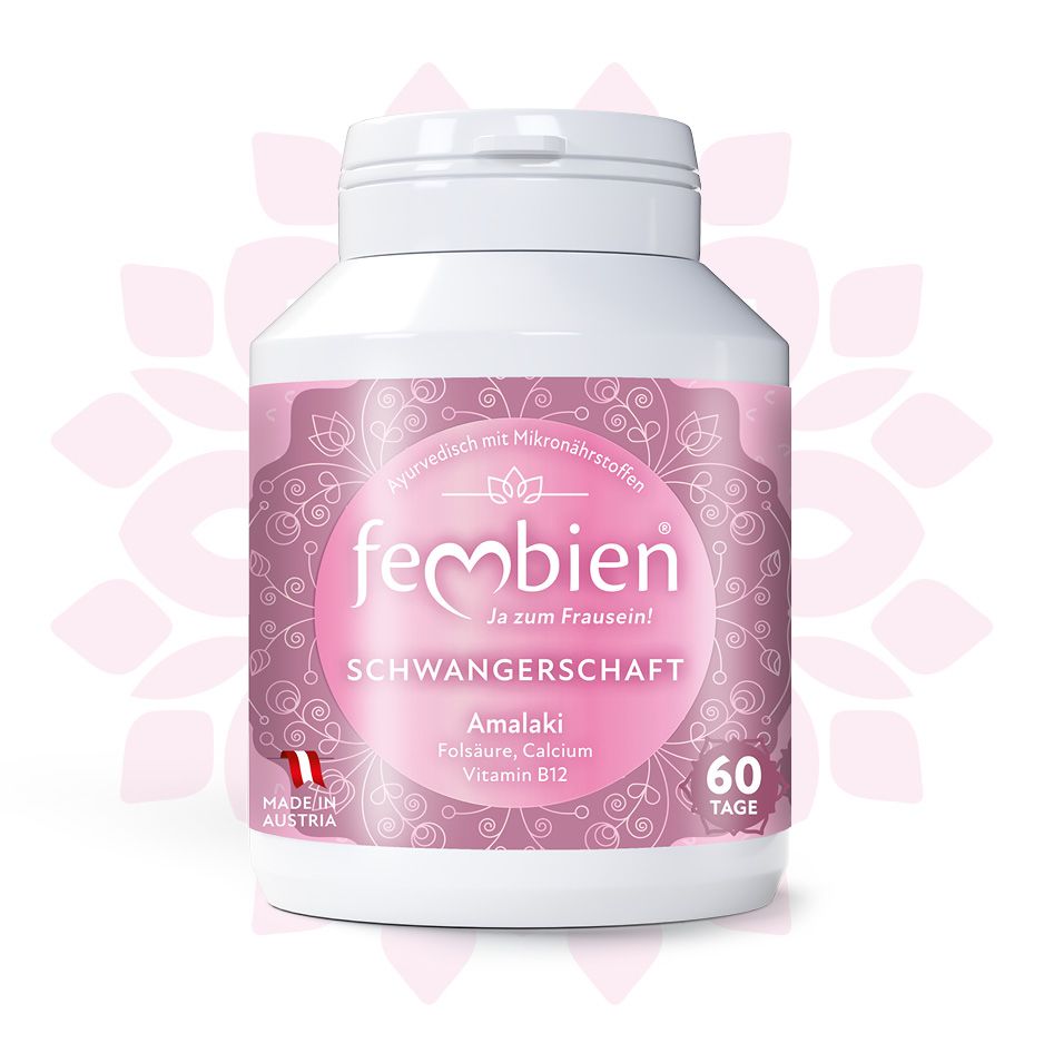 Weiße Flasche mit rosa Etikett. Aufschrift: Fembien Schwangerschaft, 60 Tage. Hergestellt in Österreich.