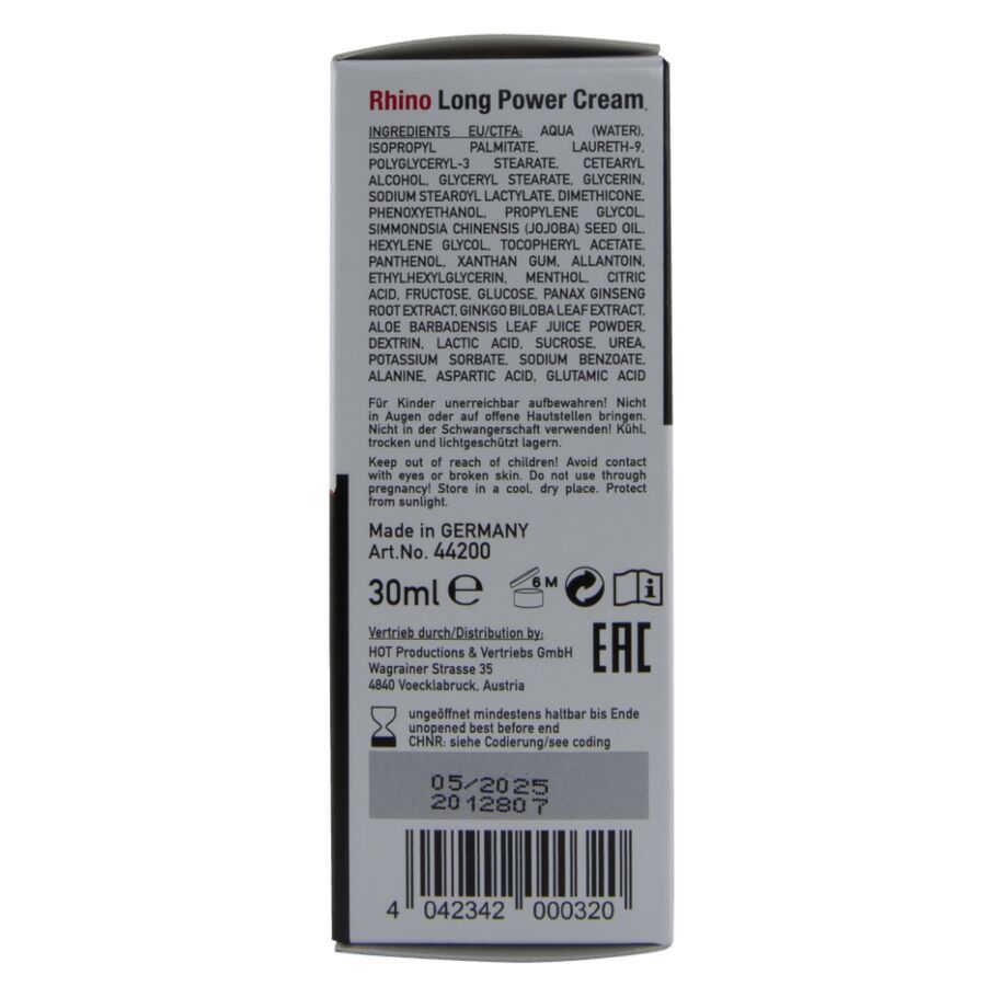 Rückseite einer 30ml Tube Rhino Long Power Cream, Made in Germany, Art. Nr. 44200.