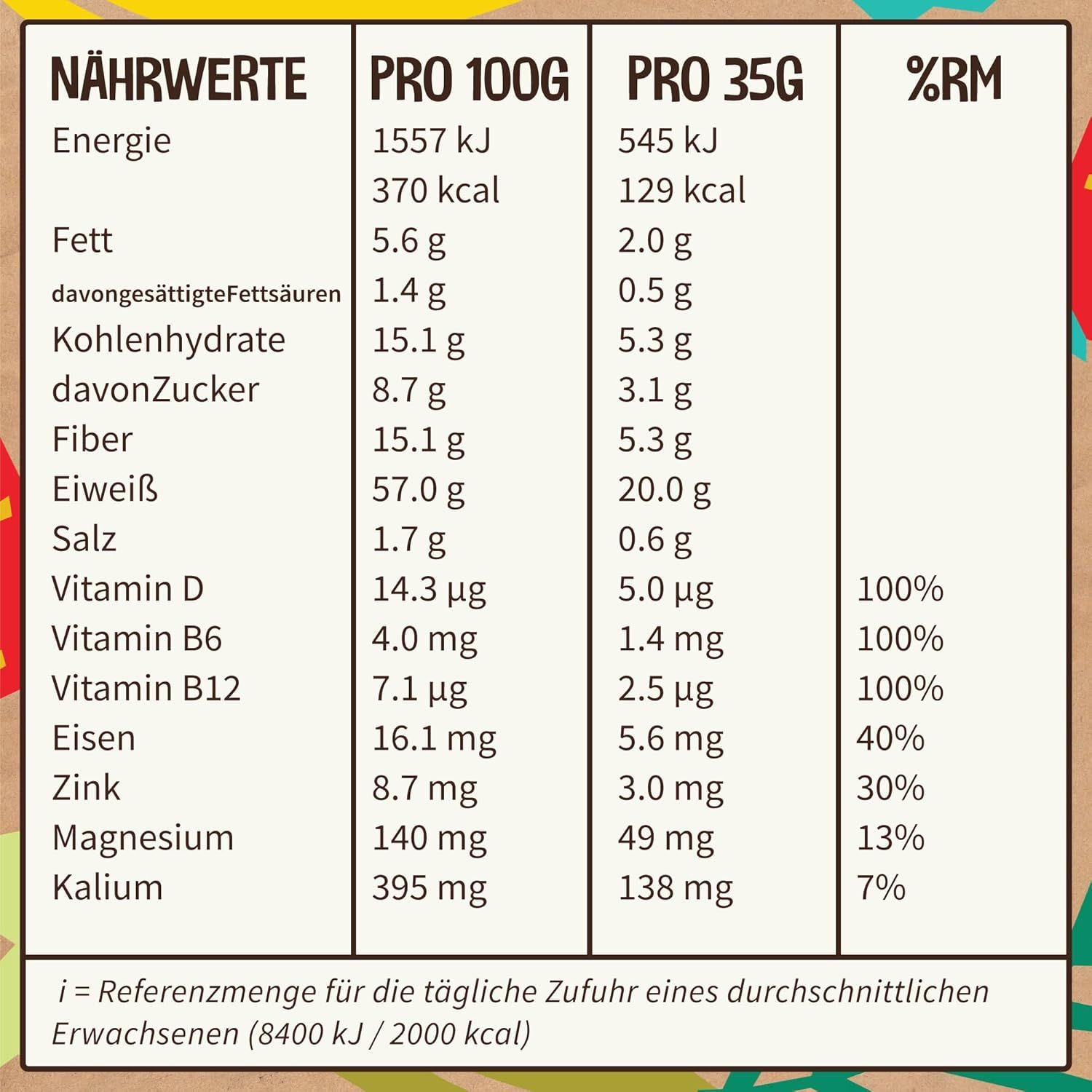 Nährwerttabelle. Angaben pro 100g und 35g. Energie, Fett, Kohlenhydrate, Zucker, Ballaststoffe, Eiweiß, Salz, Vitamine, Eisen, Zink, Magnesium, Kalium.