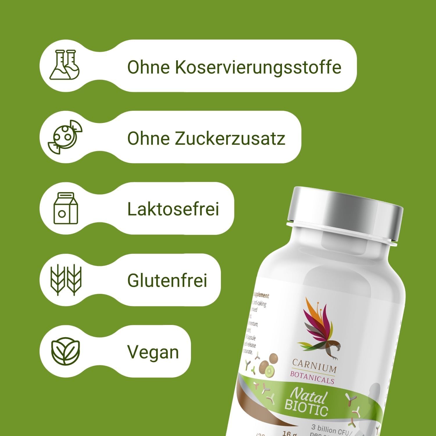 Weiße Flasche mit silbernem Deckel. Aufschrift: Carnium Botanicals Natal Biotic. Symbole für Inhaltsstoffe.