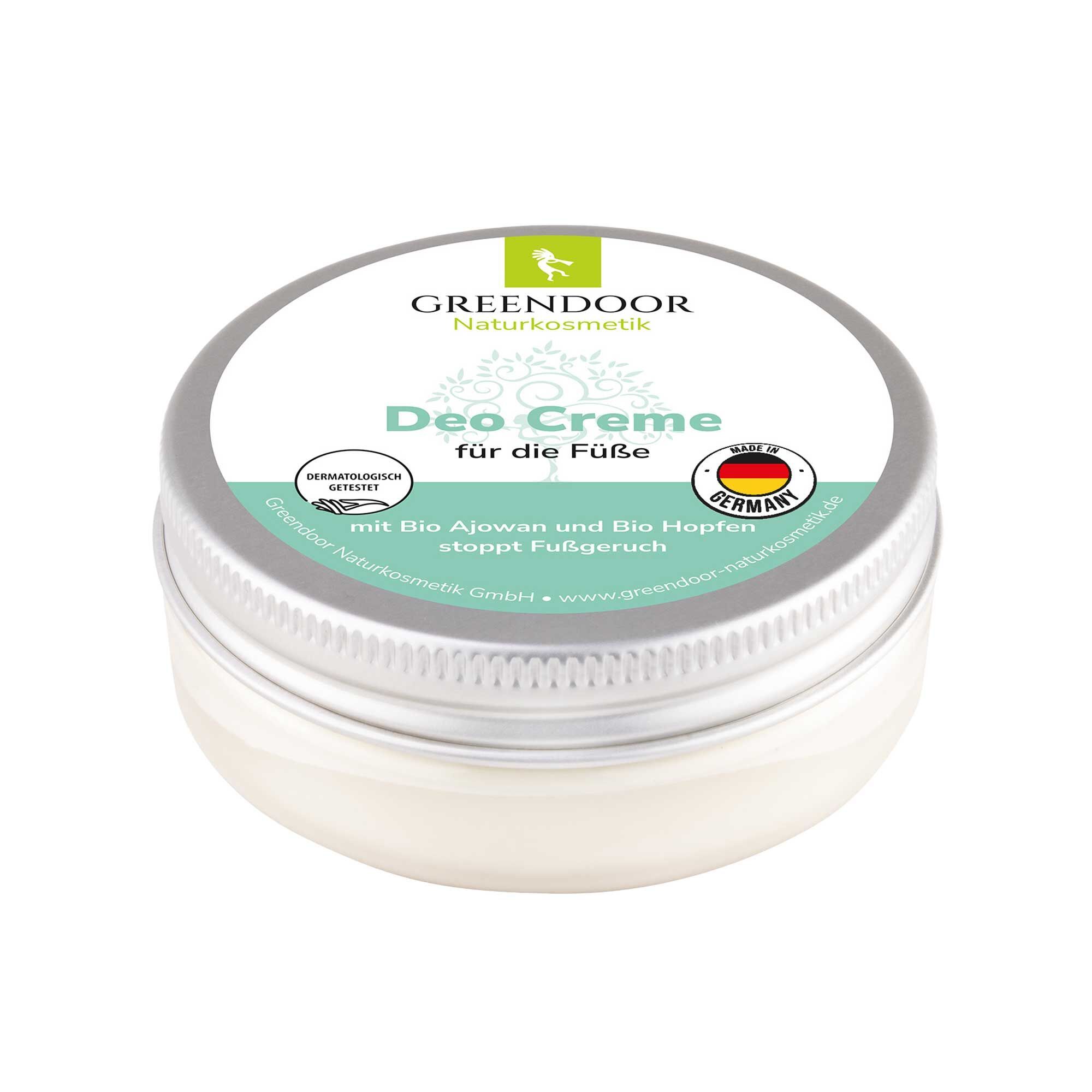 GREENDOOR Deo Creme für die Füße in runder Dose, mit Bio Ajowan und Bio Hopfen.