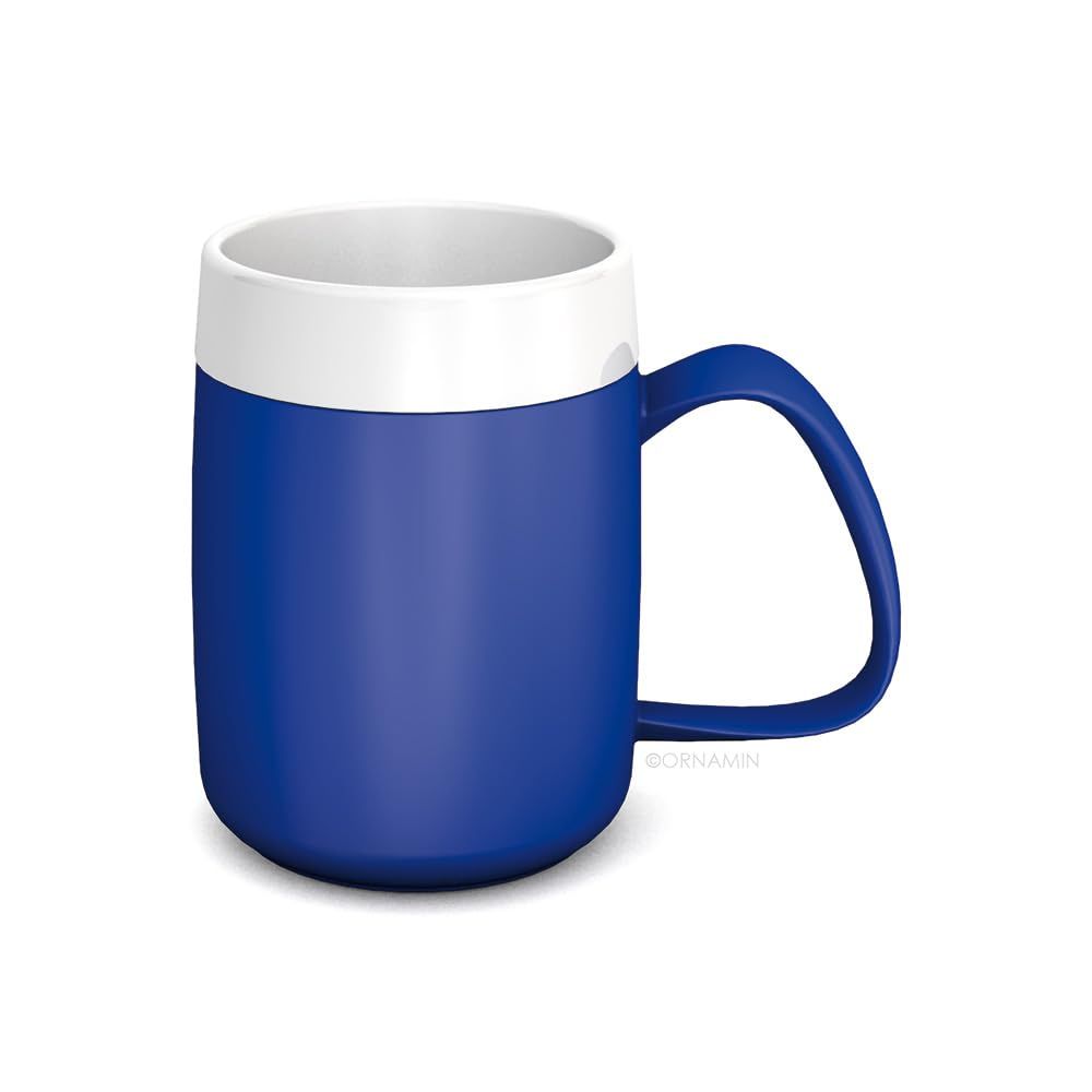 Blauer Becher mit großem Henkel und weißem Rand. ORNAMIN-Logo.
