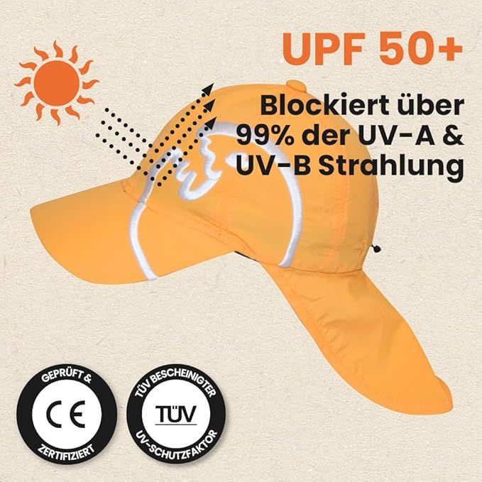 Gelbe Cap mit Nackenschutz. Text: UPF 50+. Logos: CE, TÜV. Text: Blockiert über 99% der UV-A & UV-B Strahlung.