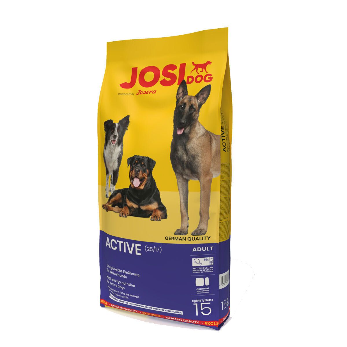 Gelber Beutel mit JosiDog-Logo und Hundeabbildungen. Aufschrift ACTIVE, German Quality, Adult. Unten 15 kg.