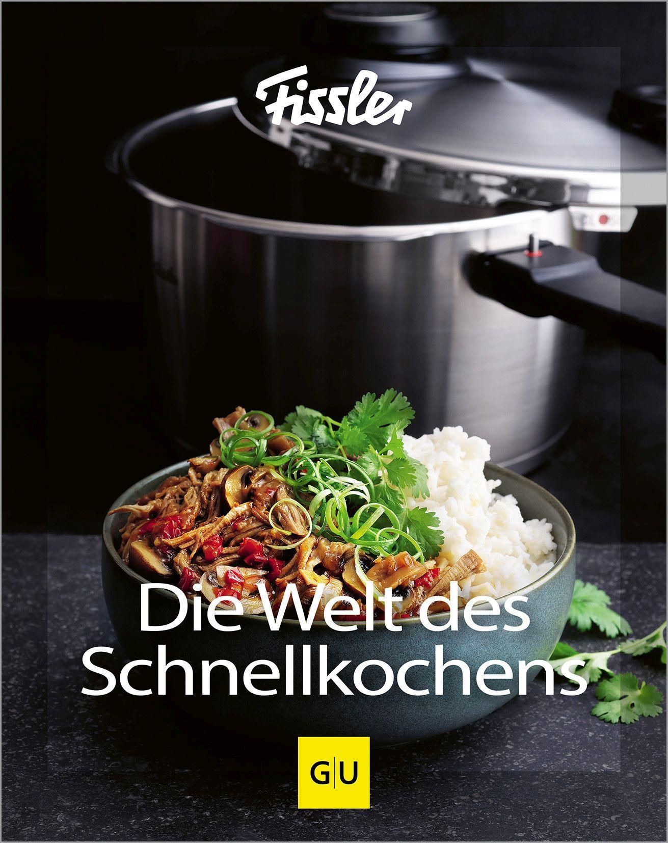Kochbuch-Cover mit Titel „Die Welt des Schnellkochens“. Oben ein Schnellkochtopf, darunter eine Schüssel mit Essen.