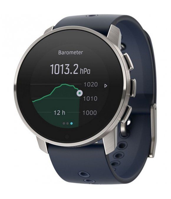 Runde Smartwatch mit blauem Armband. Anzeige: Barometer, 1013.2 hPa, Diagramm. Silberfarbenes Gehäuse, drei Knöpfe.