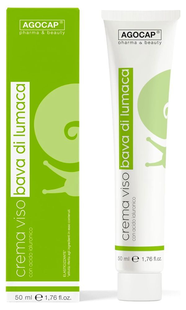 Weiße Tube und grüne Schachtel. Aufschrift: Agocap, Gesichtscreme mit Schneckenschleim, 50 ml.