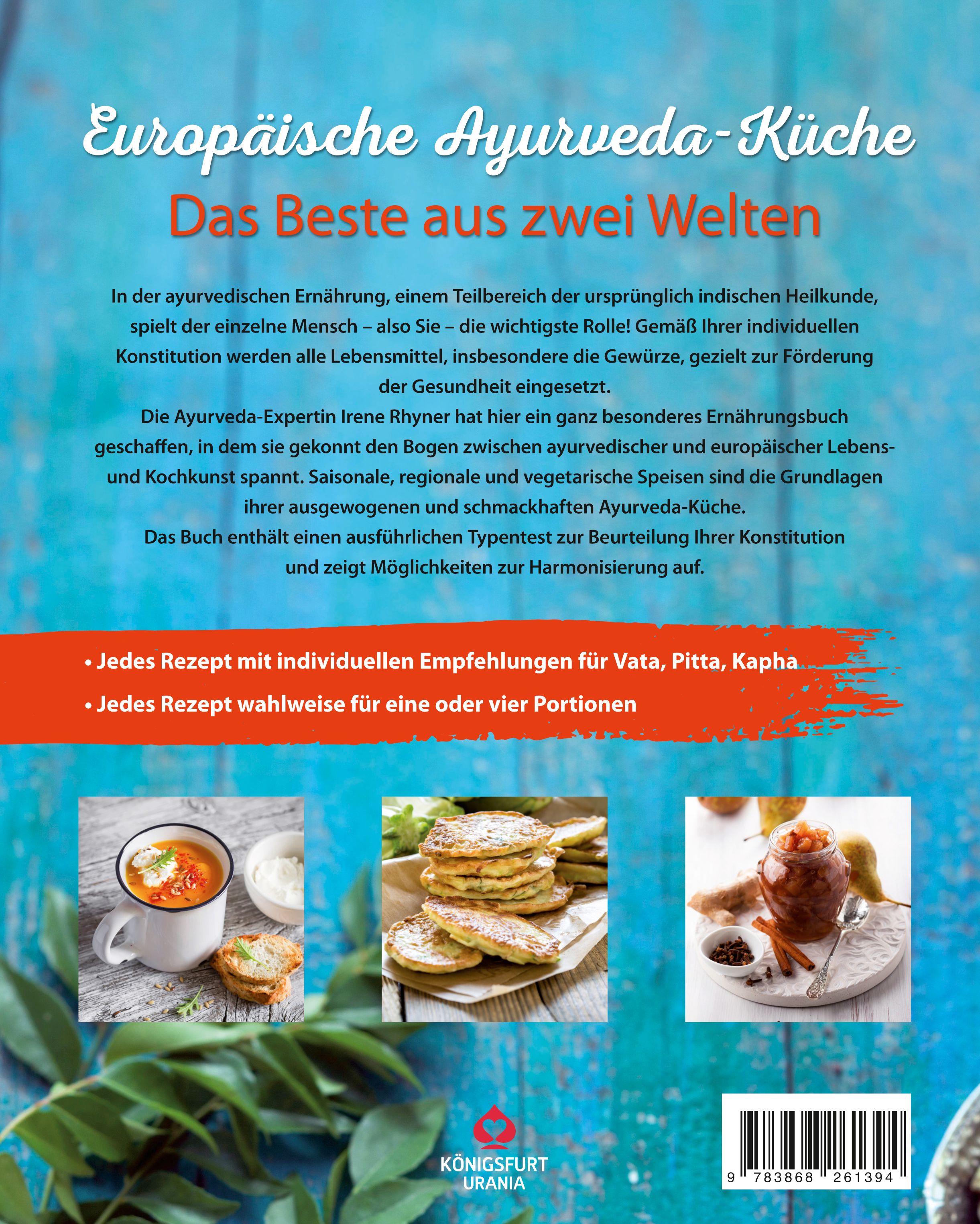 Rückseite des Buches "Europäische Ayurveda-Küche". Text in Deutsch. Fotos von Speisen. Verlagskennzeichen.