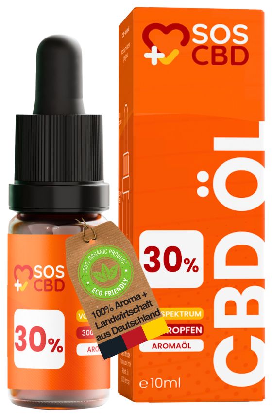 Braune Glasflasche und orangefarbene Verpackung. 30% CBD, 300 Tropfen, Aromaöl. Label: 100% Organic Product, Eco Friendly.