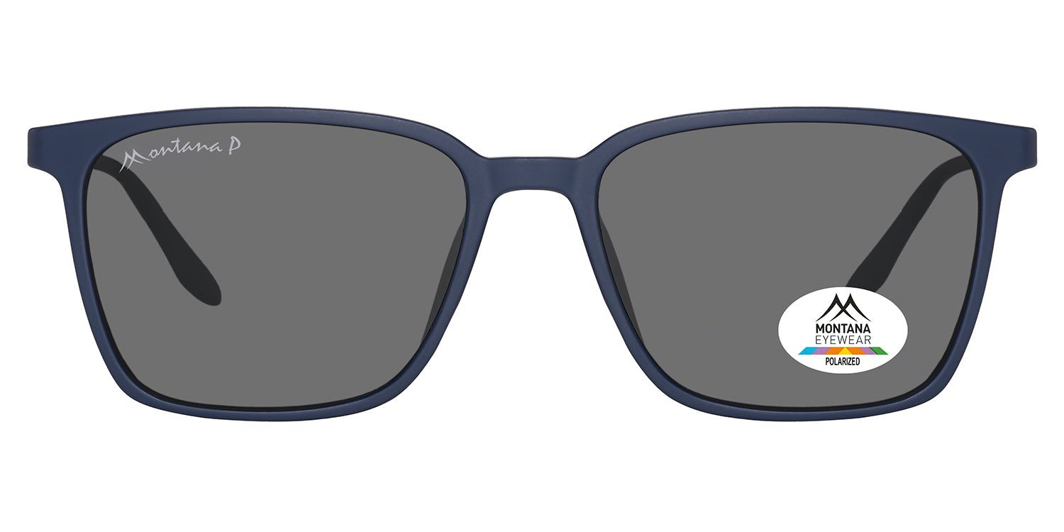 Blaue Sonnenbrille mit grauen Gläsern. Montana Eyewear Logo auf dem Bügel und Glas. Polarisierte Gläser.
