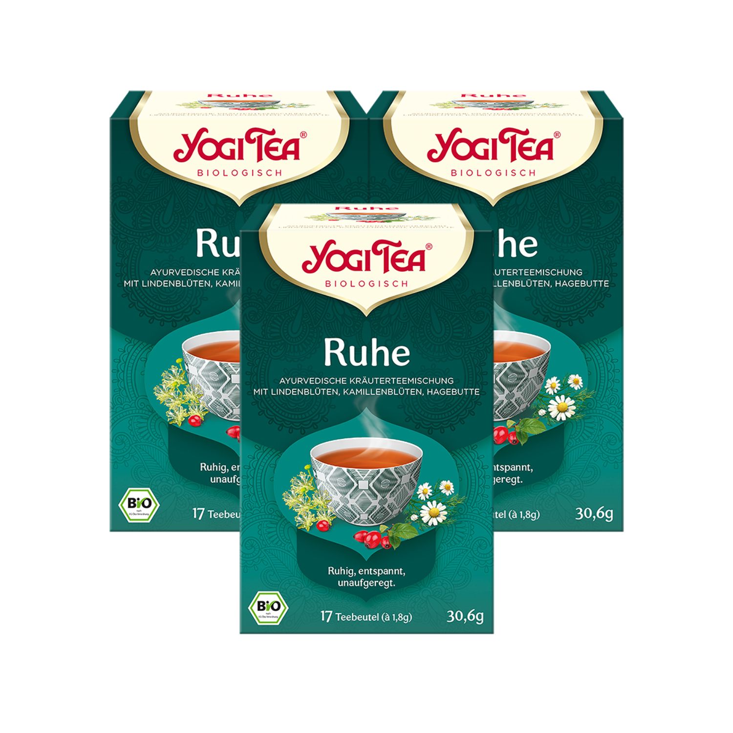 Drei Packungen Yogi Tea Ruhe. Jede Packung zeigt das Logo und Produktinformationen. Bio-Siegel sichtbar.