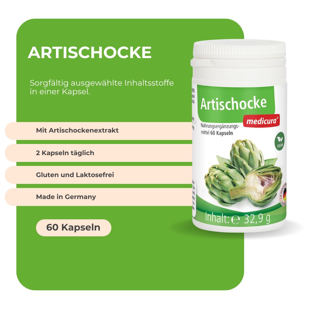 MEDICURA AG Artischocke Kapseln: Informationen zu Inhaltsstoffen, Dosierung, Herkunft und Kapselanzahl.